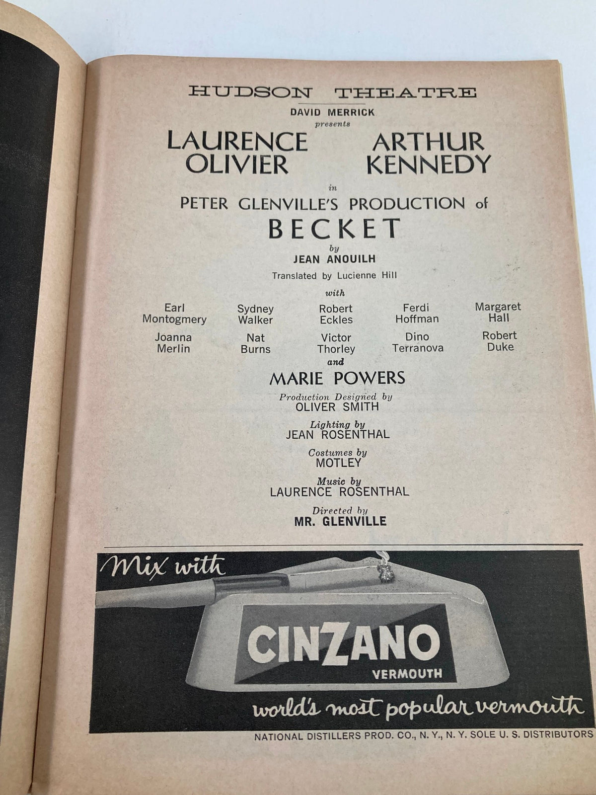 1961 Playbill Hudson Theatre page detailing cast credits for Becket, highlighting Laurence Olivier and Arthur Kennedy, along with the production team and acknowledgments.