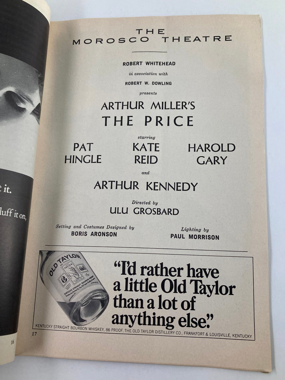 1968 Playbill The Morosco Theatre detailing Arthur Miller's 'The Price' starring Pat Hingle and Kate Reid with production credits.