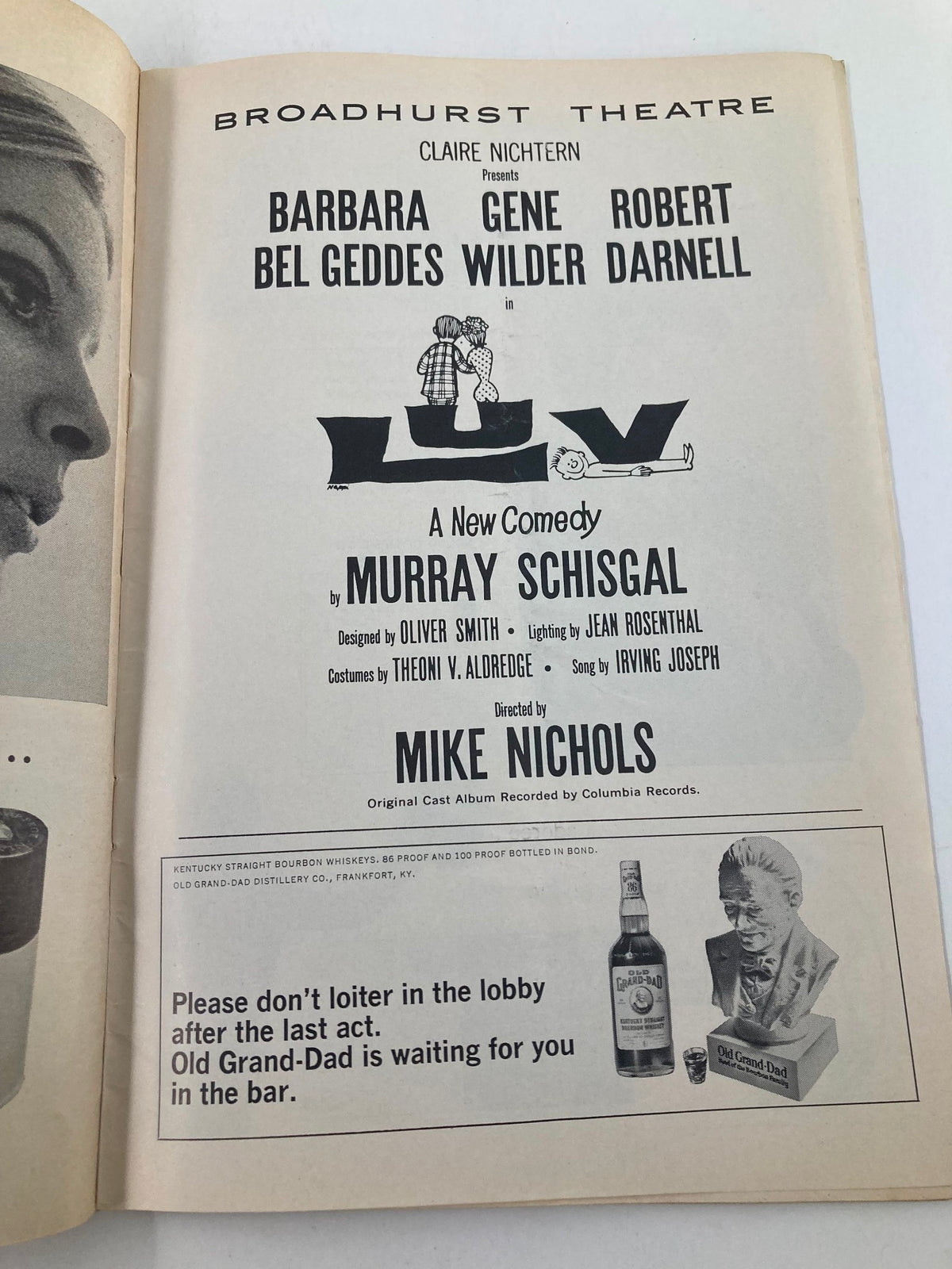 Another page of the 1966 Playbill for the Broadhurst Theatre's 'Luv,' featuring cast information and promotional content.
