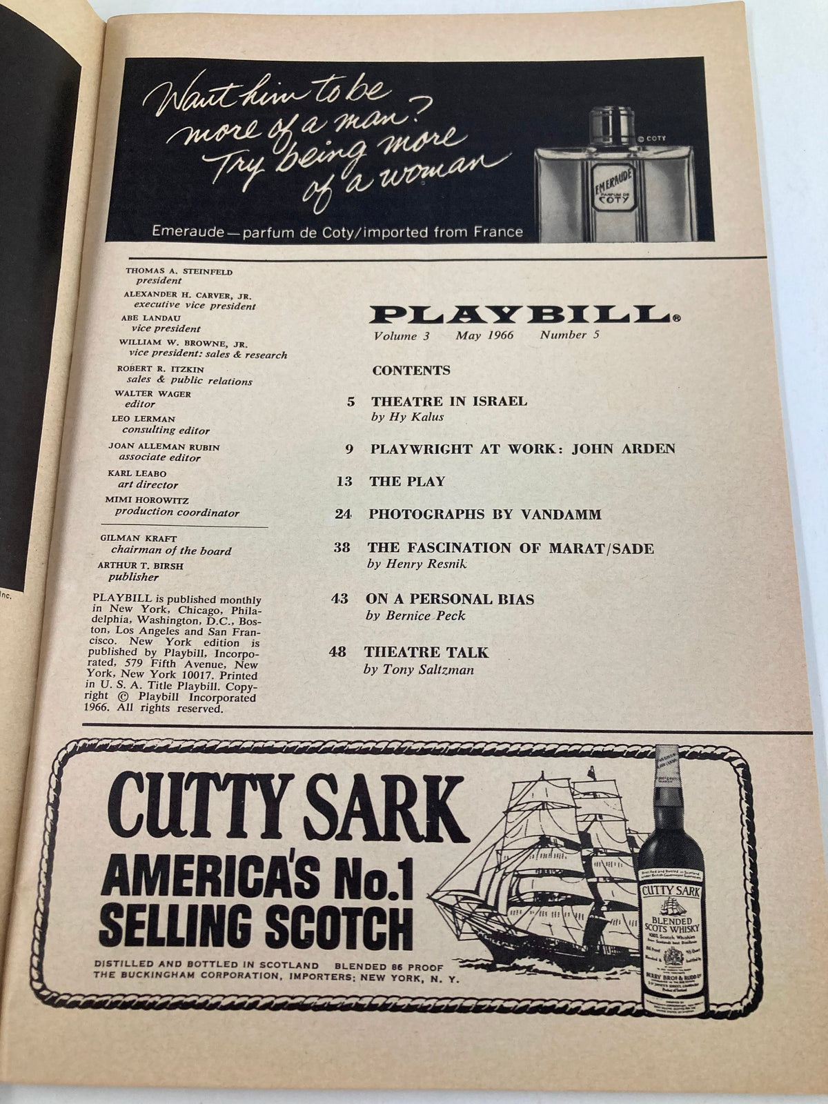 Inside page of the 1966 Playbill for The Subject Was Roses, including contents and advertisements, highlighting vintage theatrical literature.