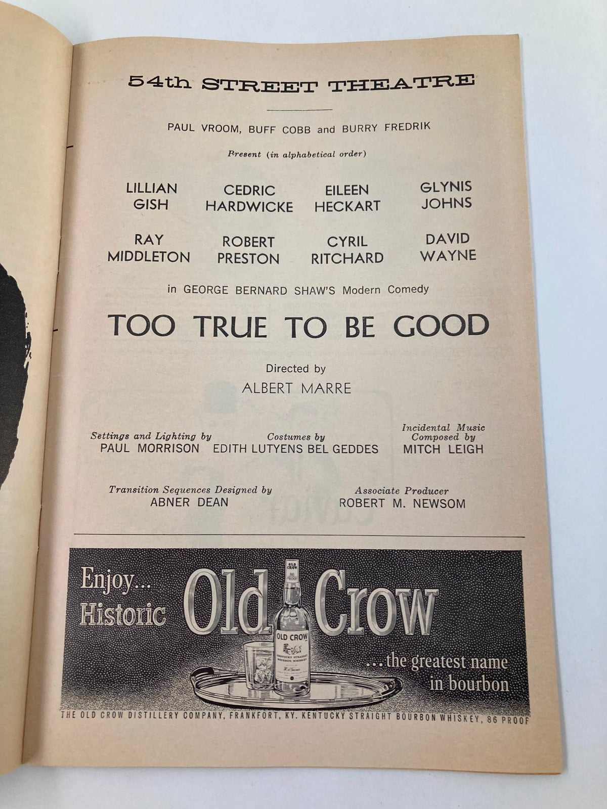 Inside page of the 1963 Playbill for Too True To Be Good at the 54th Street Theatre, showcasing the cast list and theater details.
