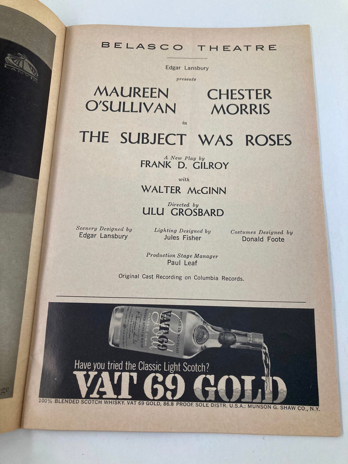 Interior view of the 1966 Playbill for The Subject Was Roses at Belasco Theatre featuring cast names and production details.