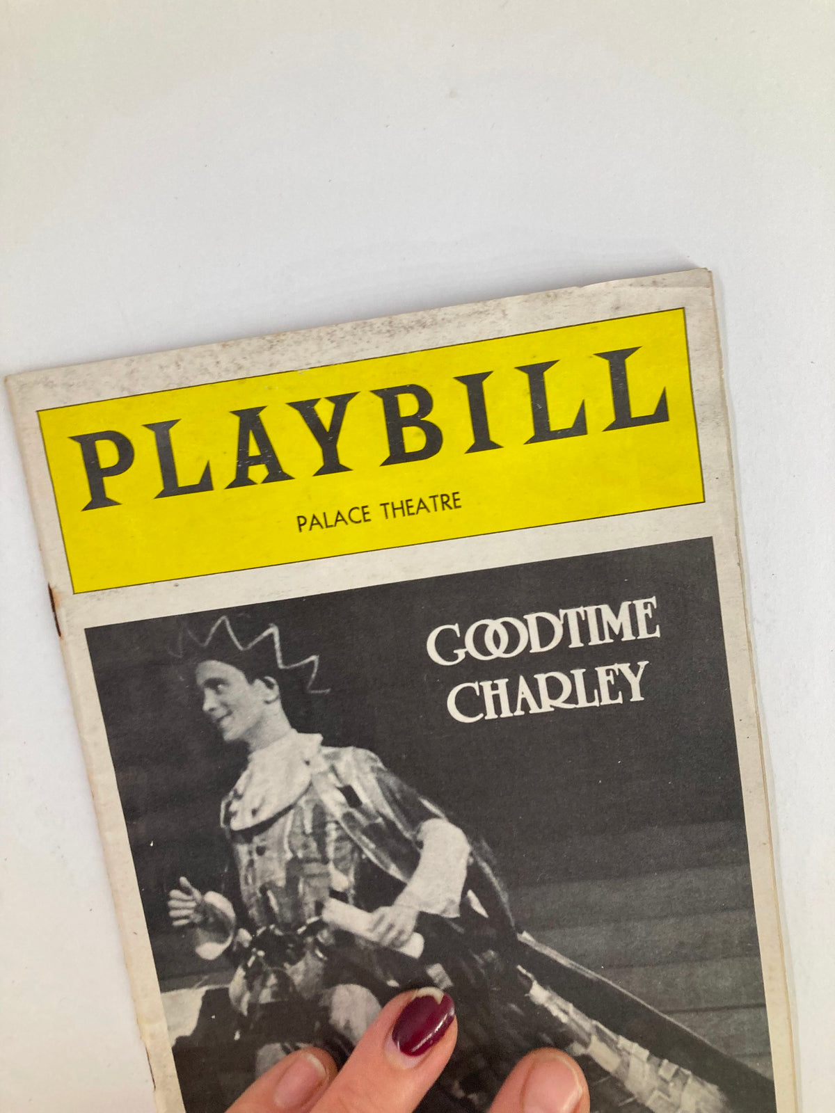 Close-up view of the 1975 Playbill for Goodtime Charley, highlighting the title and performance details.