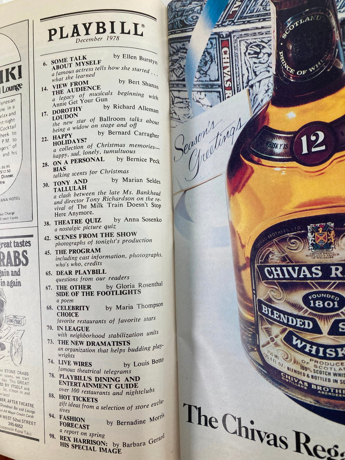 Inside page of the 1978 Playbill showcasing advertisements and features from the December 1978 issue, associated with the production 'On The Twentieth Century' featuring John Cullum.