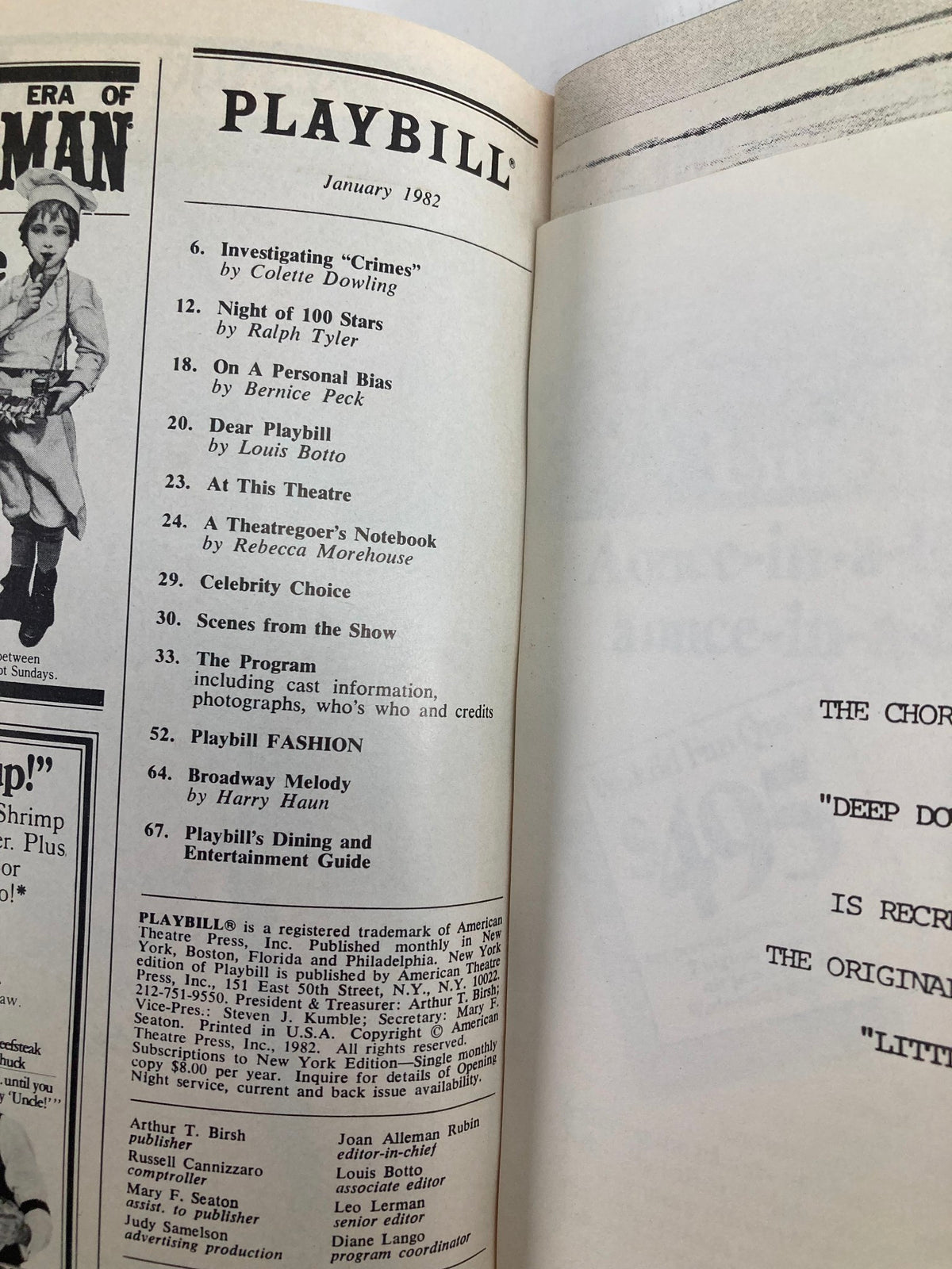 Interior of the 1982 Playbill from Eugene O'Neill Theatre featuring the contents page including articles and sections related to the Broadway musical 'Little Me' starring James Coco and Victor Garber.