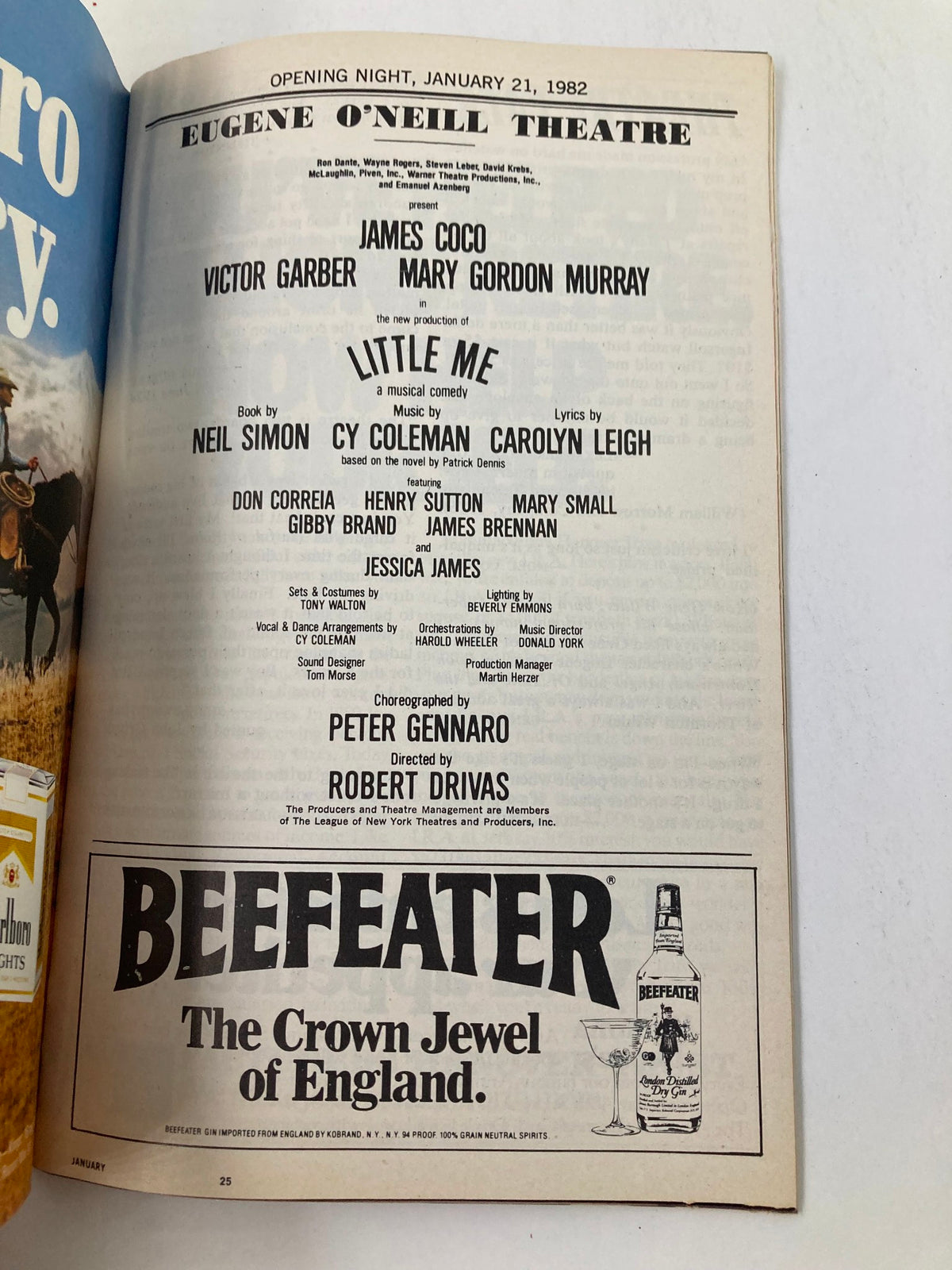 Opening night advertisement from the 1982 Playbill at Eugene O'Neill Theatre, showcasing cast members James Coco and Victor Garber in 'Little Me' along with a product promotion for Beefeater.