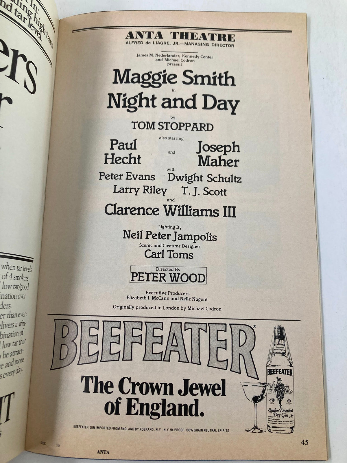 Details page of the 1979 Playbill Anta Theatre, showcasing the cast of Night and Day including Maggie Smith and Paul Hecht, along with the production credits.