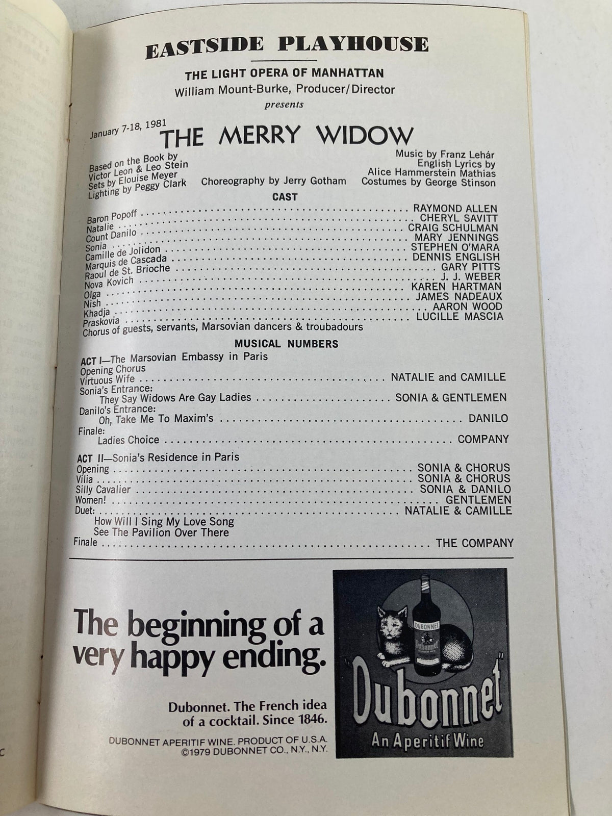 Interior page of the 1981 Eastside Playhouse Showbill for The Merry Widow, detailing the cast, musical numbers, and production team, highlighting performers Raymond Allen and Cheryl Savitt.