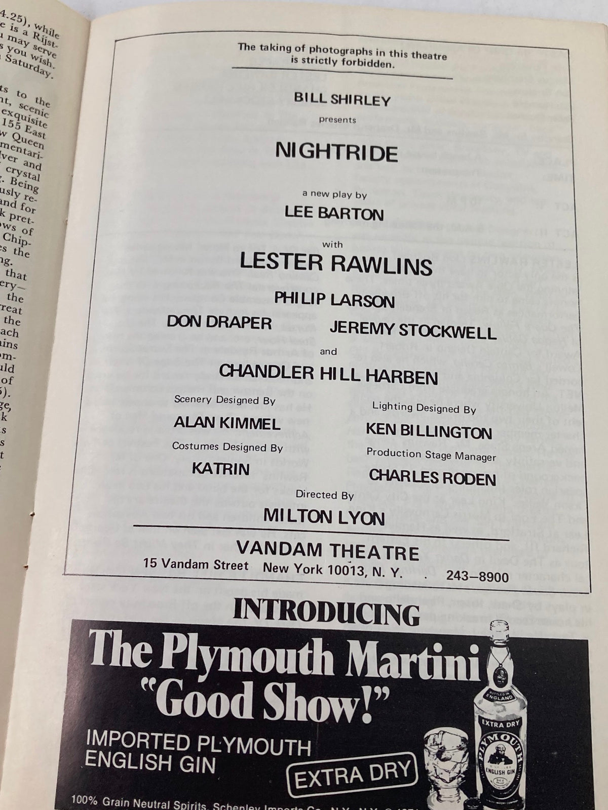 1972 Playfare Volume 4 advertisement for the Nightride play starring Lester Rawlins and Philip Larson, presented at the Vandam Theatre.