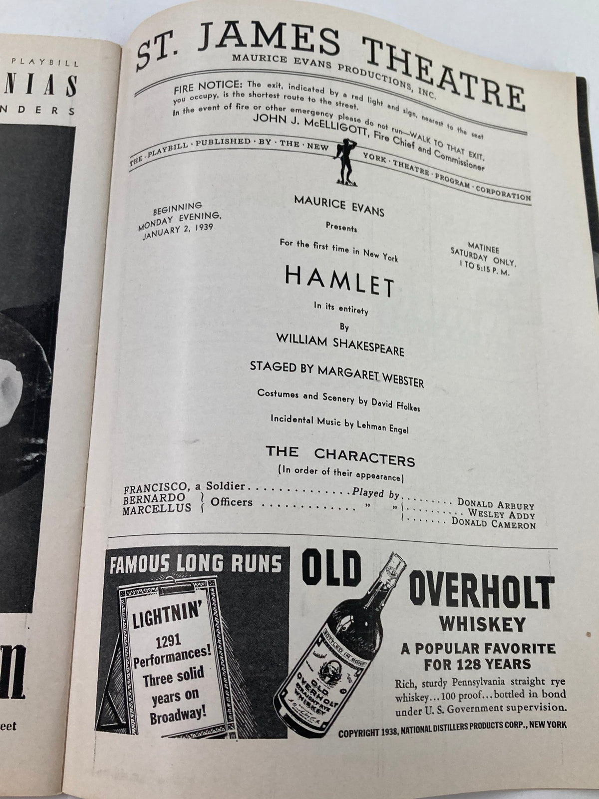 1939 Playbill from St. James Theatre for Hamlet by William Shakespeare, featuring details on performances, characters, and production credits, showcasing the historical significance of Donald Arbury's role in this theatrical classic.