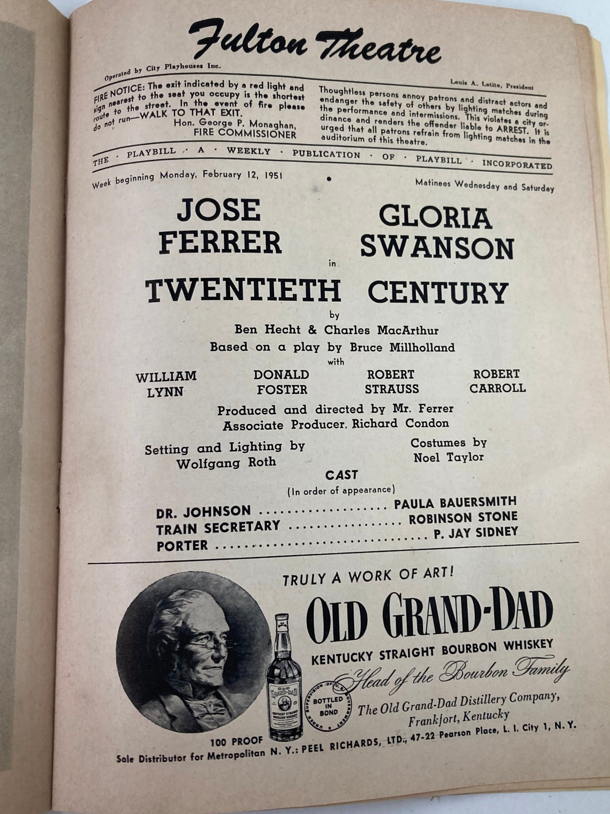 Interior page of the 1951 Playbill from Fulton Theatre highlighting cast details for Twentieth Century, featuring Jose Ferrer and Gloria Swanson.