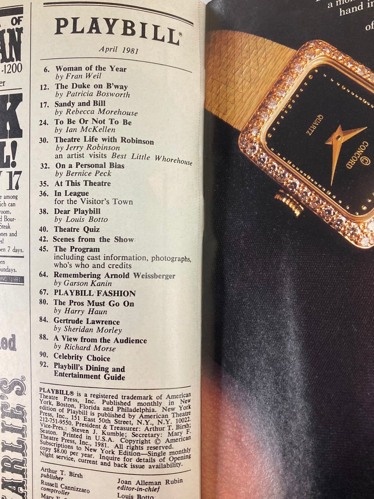 1981 Playbill Anta Theatre featuring various performances listed, including 'Woman of the Year' and 'The Duke on Broadway', from the April 1981 edition.
