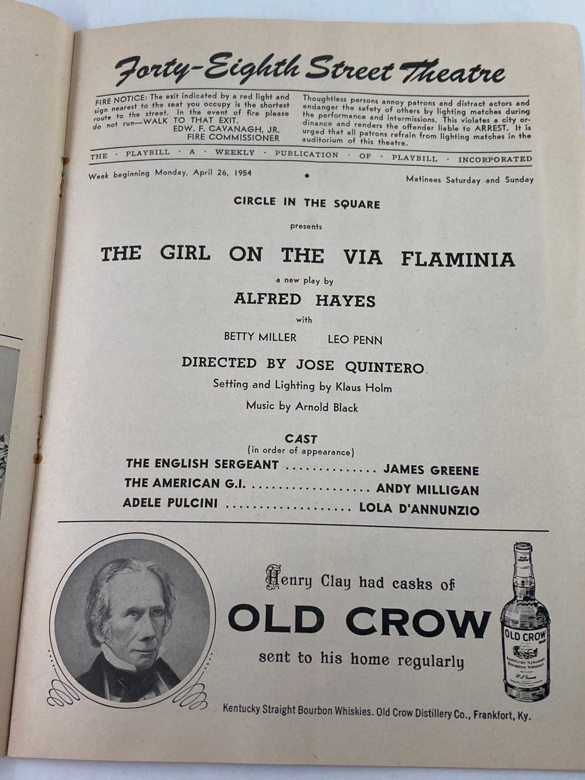 Interior page of the 1954 Playbill for The Girl on the Via Flaminia, detailing the cast and production information at the Forty-Eighth Street Theatre.