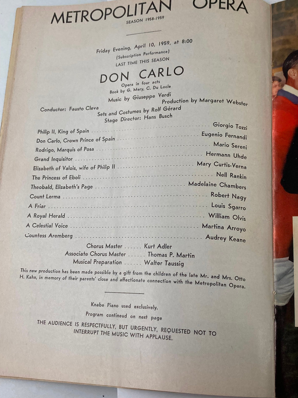 Page from the 1959 Playbill Metropolitan Opera Season 1958-1959 detailing the cast of 'DON CARLO,' including conductor, director, and principal performers such as Giorgio Tozzi.