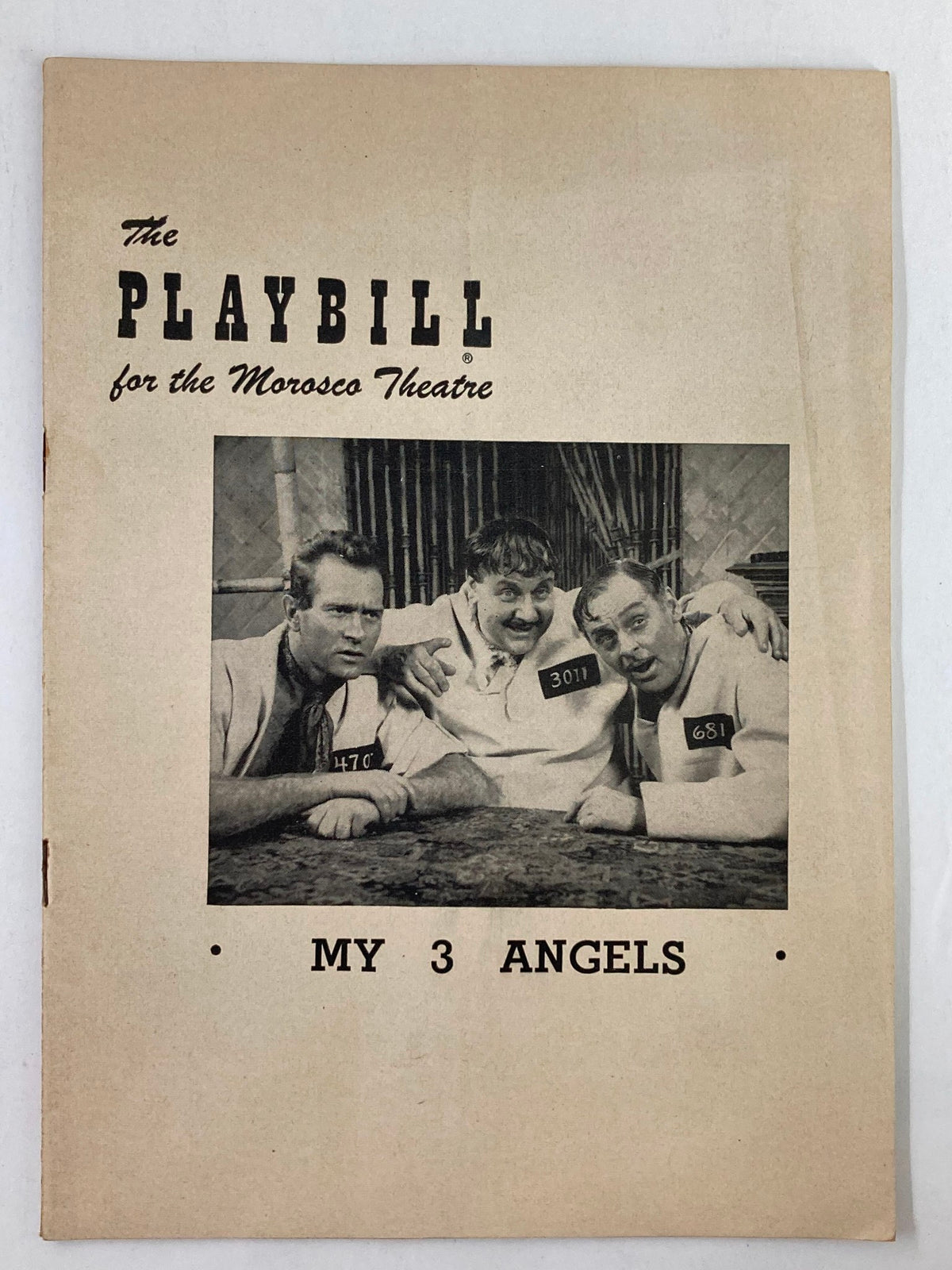 1953 Playbill for the Morosco Theatre featuring the title 'My 3 Angels' and a black and white photo of three characters from the show.