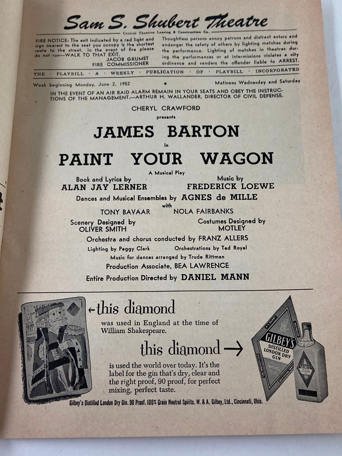 Inside page of the 1952 Playbill for the Sam S. Shubert Theatre, detailing the cast and creative team for Paint Your Wagon, including credits for James Barton.