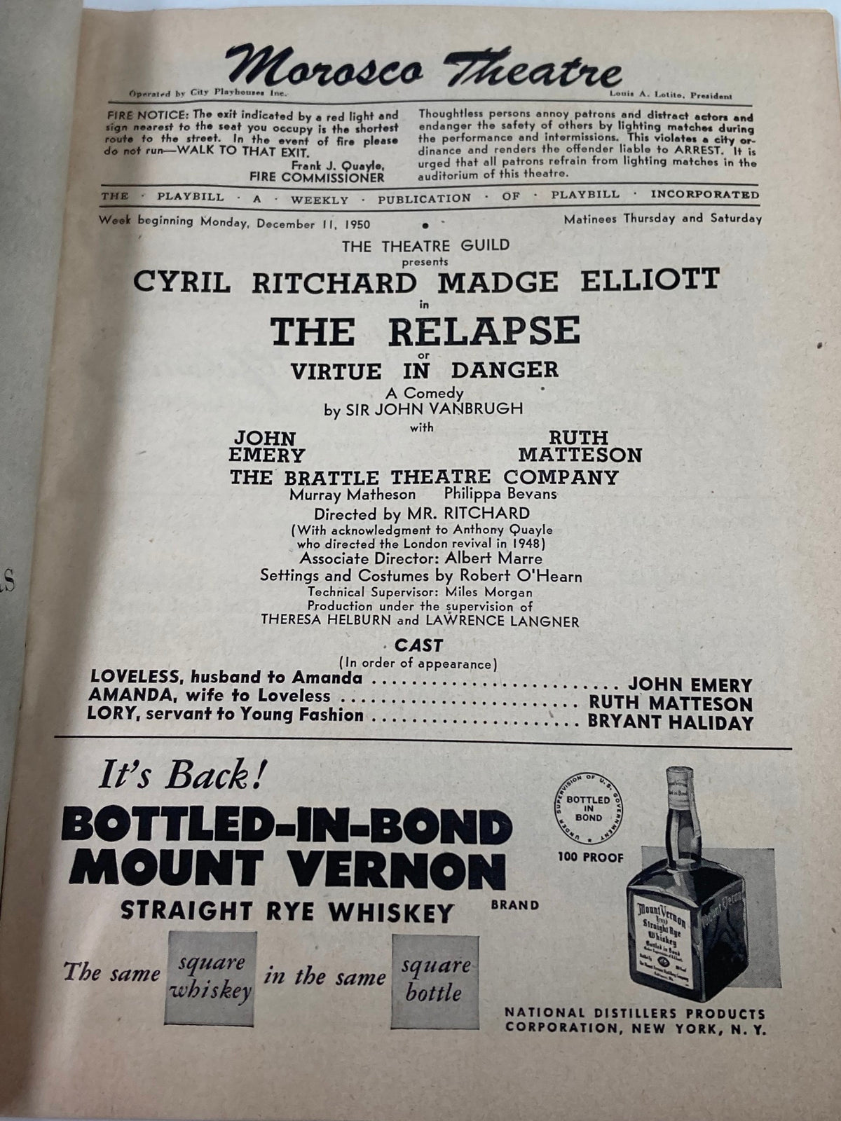 Interior page of the 1950 Playbill Morosco Theatre with cast and crew details for Cyril Ritchard and Madge Elliott in The Relapse, including a list of performers and production credits.