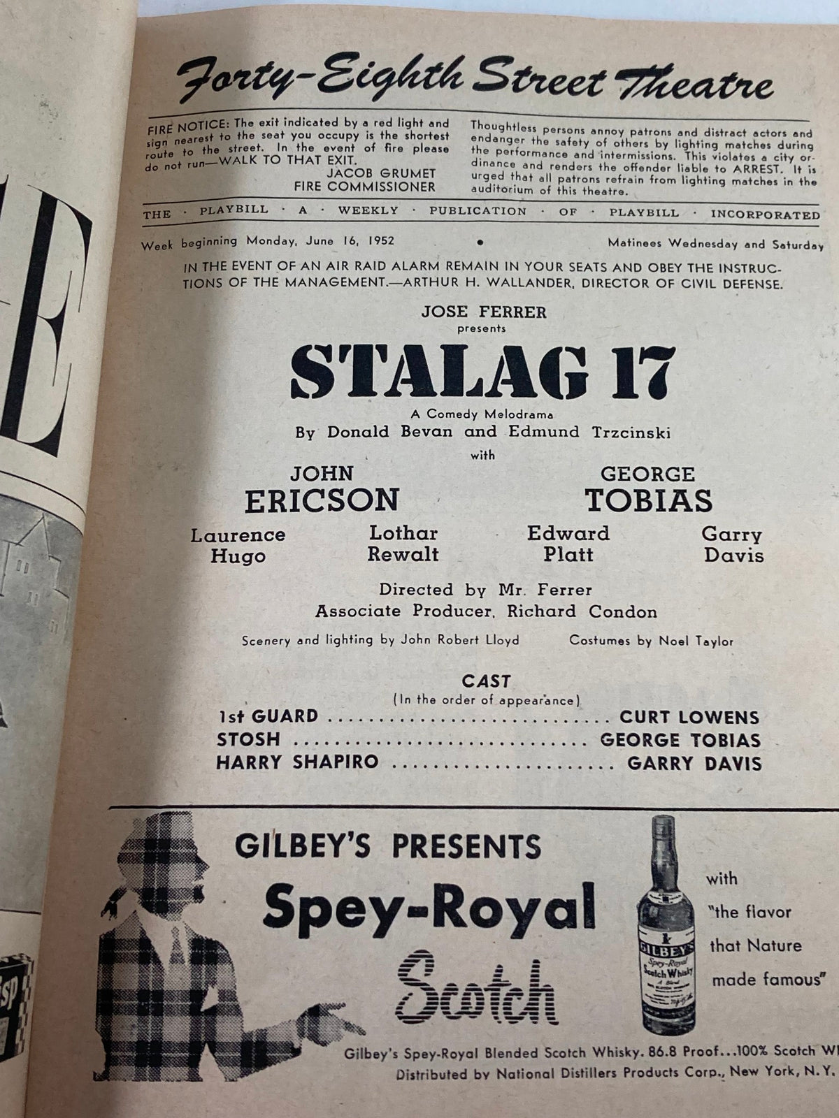 Inside view of the 1952 Playbill for Stalag 17 at the Forty-Eighth St. Theatre, highlighting cast details and production information.