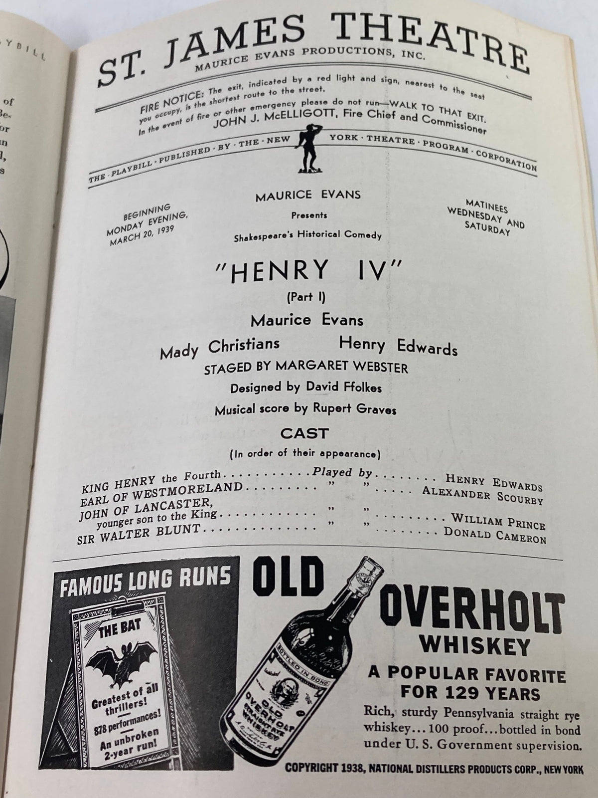 Inside view of the 1939 Playbill for St. James Theatre, detailing the cast and credits for Henry IV, featuring Mady Christians and Henry Edwards.