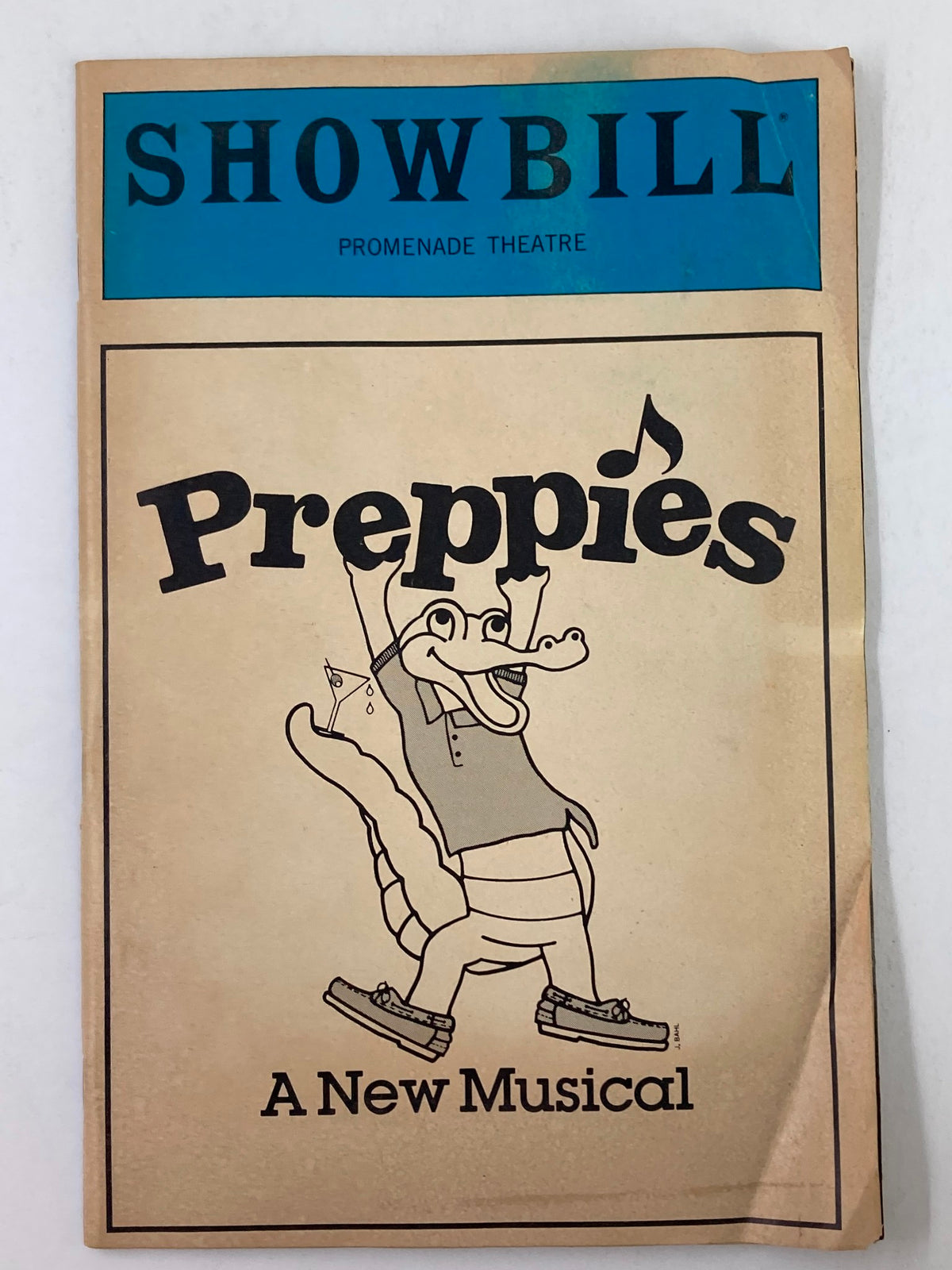 1983 Showbill for Preppies at Promenade Theatre featuring a whimsical illustration of a crocodile character, representing the new musical performed by Dennis Bailey and Bob Walton.