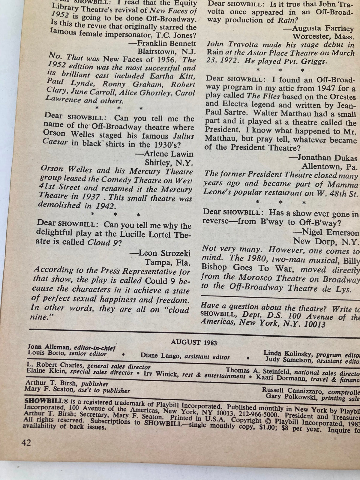 Article page from the 1983 Showbill discussing various theatrical queries along with the show 'Preppies' featured at the Promenade Theatre.