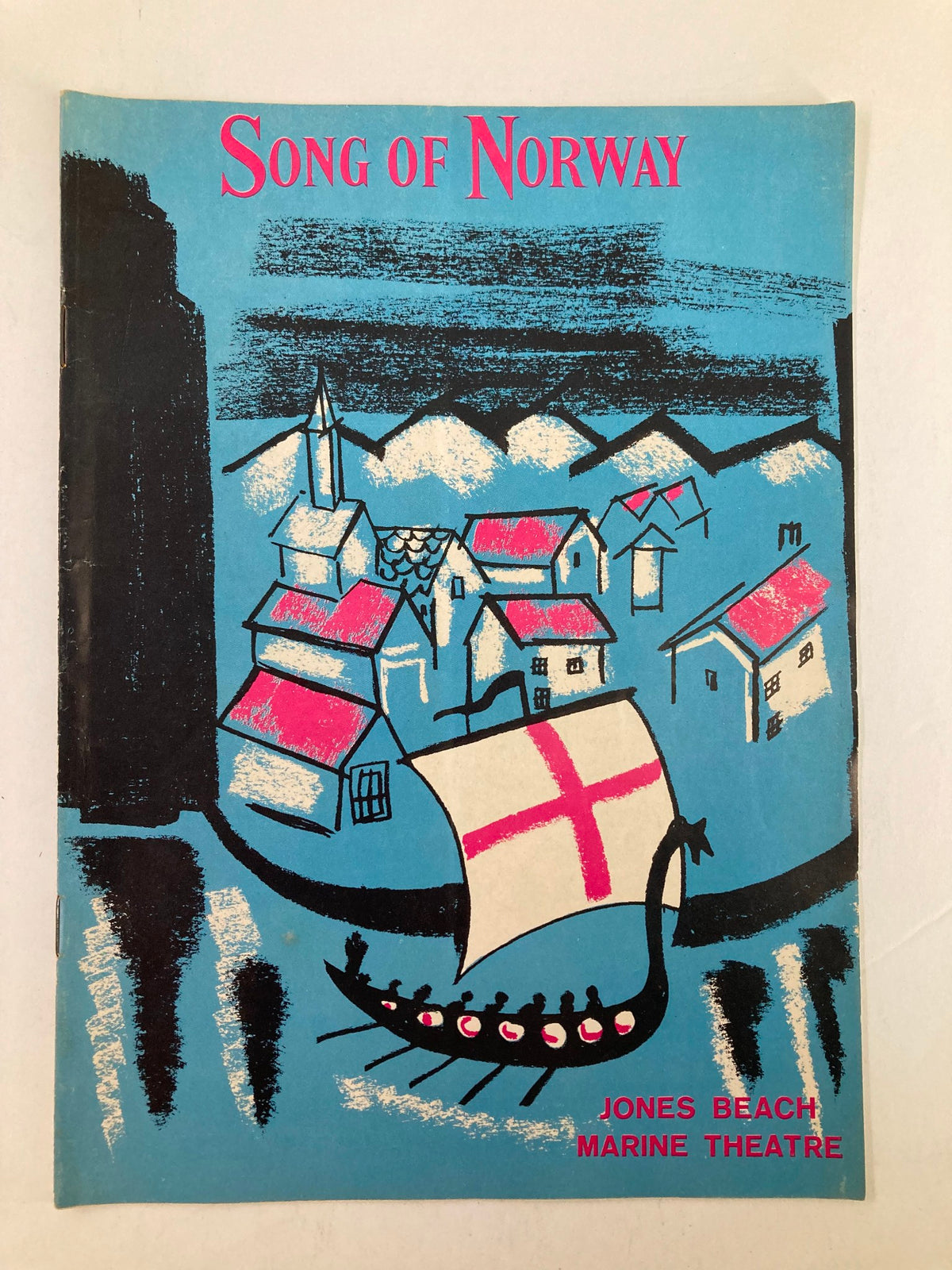Cover of the 1958 Jones Beach Marine Theatre Program for Song of Norway, featuring colorful artwork depicting a Viking ship and scenic village, showcasing the nostalgic blend of music and arts.