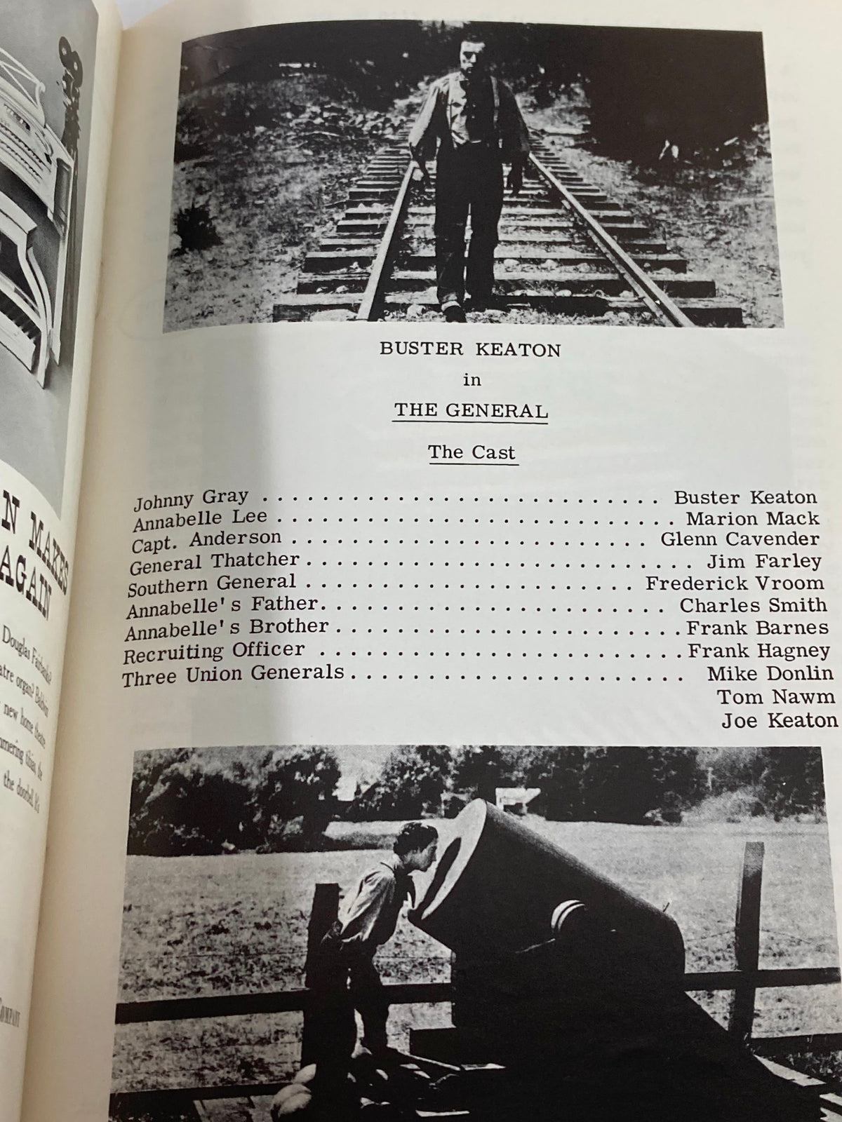 Interior page of the 1967 Theatre Organ Festival Program, lists the cast of Buster Keaton in The General, showcasing photographs and credits.