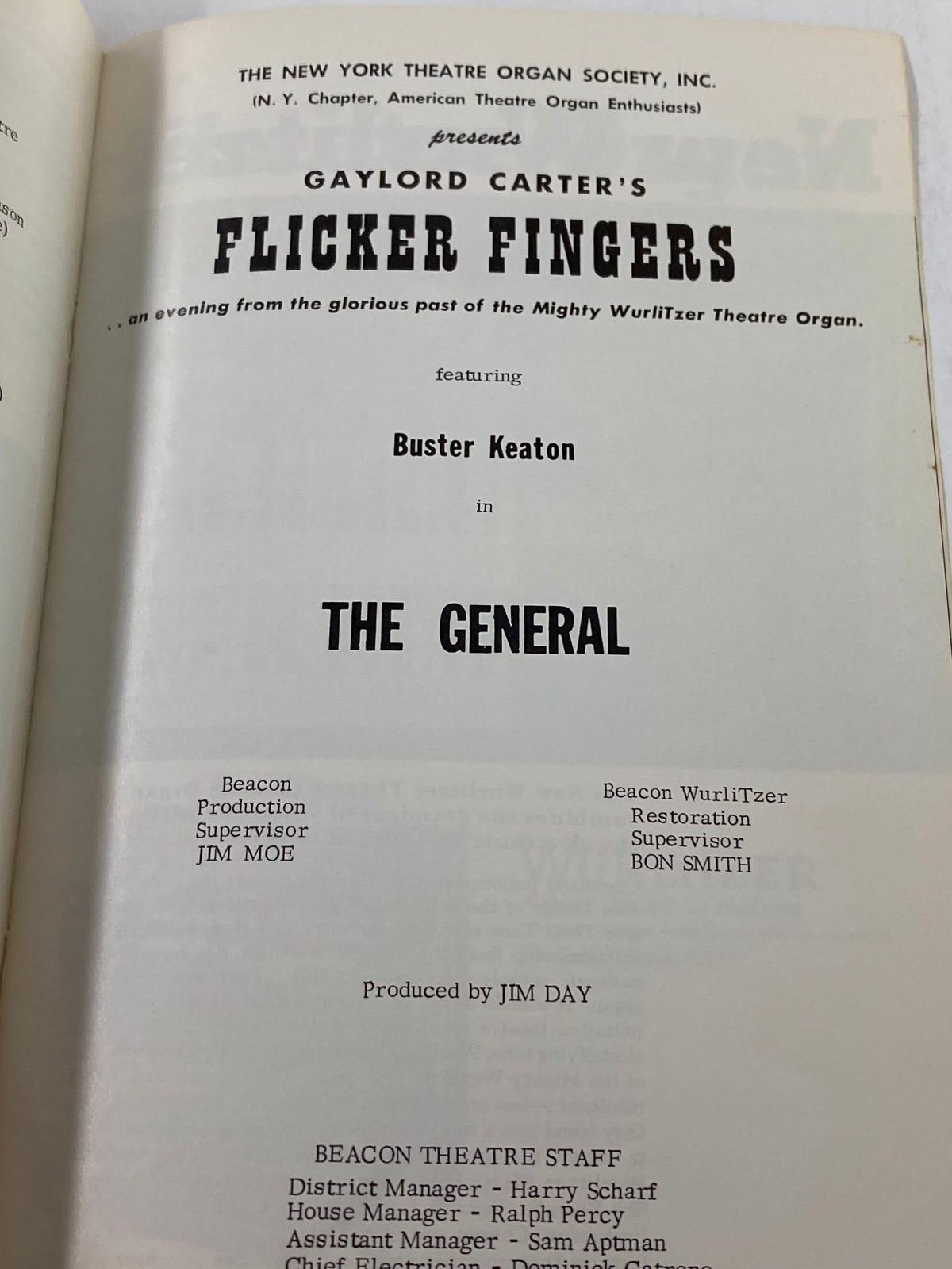 1967 Theatre Organ Festival Program featuring Buster Keaton in The General, showcasing the event details and production staff.