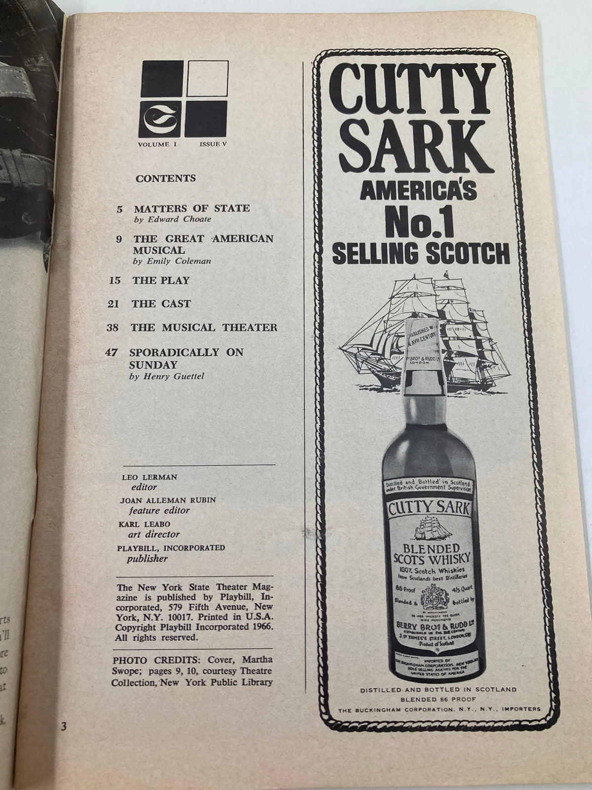 1966 Show Boat Playbill interior page displaying contents and advertisement for Cutty Sark Scotch.