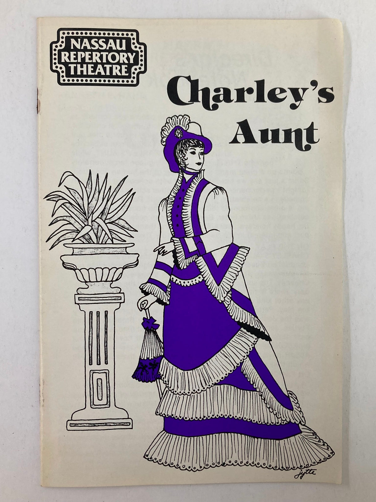 1981 Nassau Repertory Theatre Program featuring Charley's Aunt, illustrated cover with a figure in Victorian dress and decorative elements.
