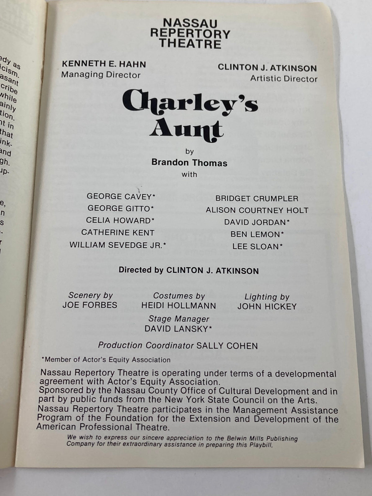 Inside page of the 1981 Nassau Repertory Theatre Program for Charley's Aunt, listing the cast and production team, including George Cavey and Bridget Crumpler.