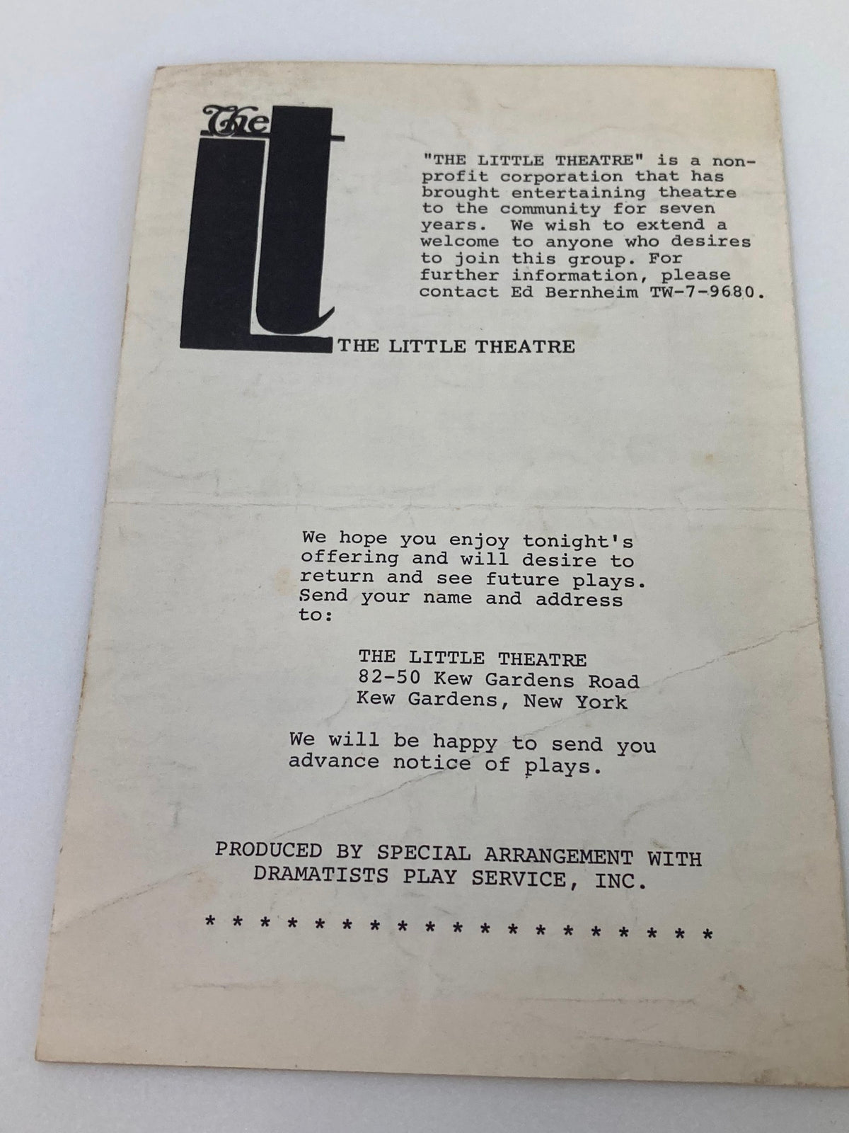 Back cover of the 1936 The Little Theatre Program for Three Men On A Horse, providing information about The Little Theatre organization and its history.