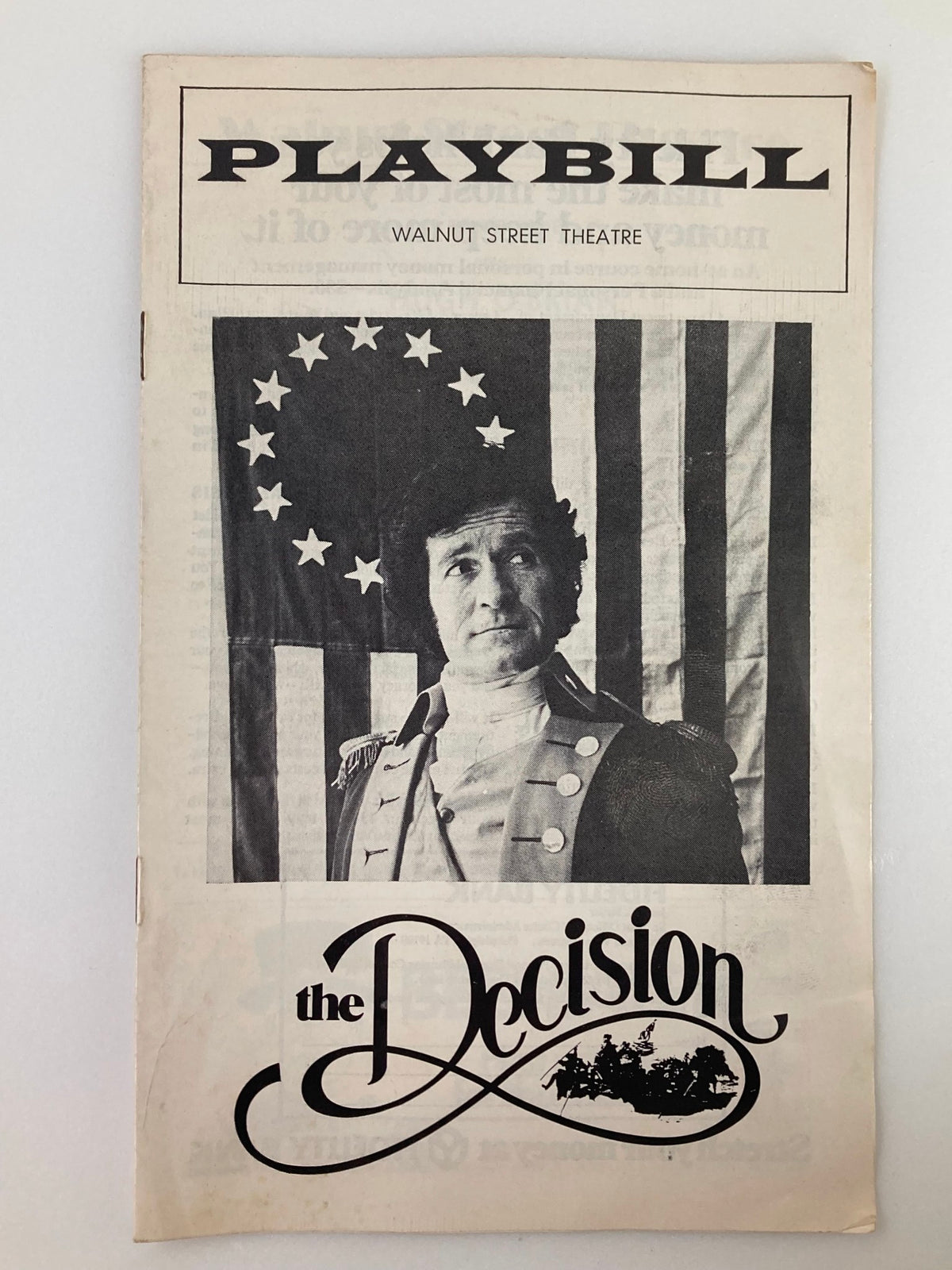 1976 Playbill from Walnut Street Theatre featuring Hugh O'Brian in 'The Decision', with a backdrop of the American flag.