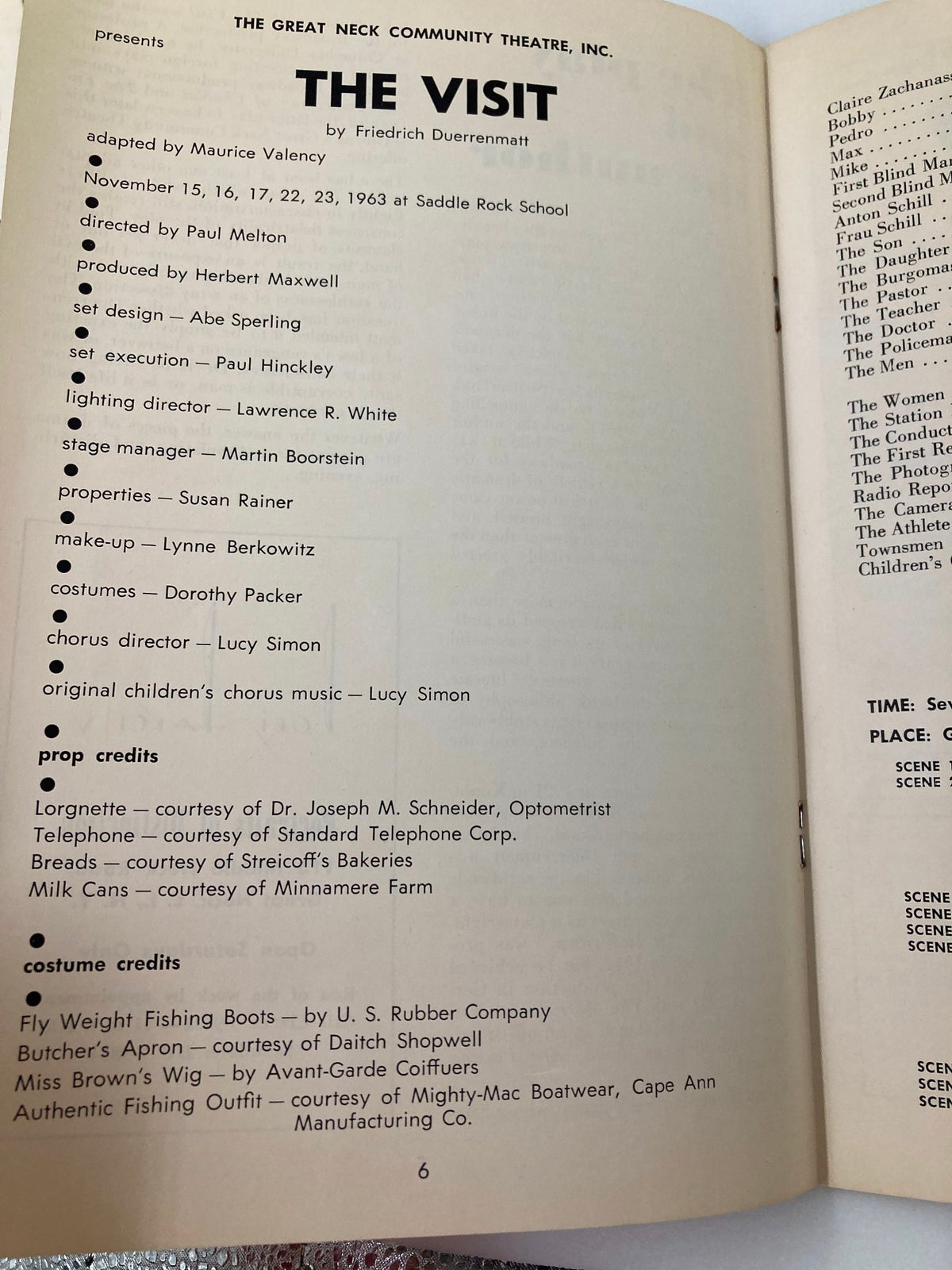 Interior page from the 1963 Great Neck Community Theatre Program for The Visit by Friedrich Duerrenmatt, detailing cast credits, production staff, and play details.