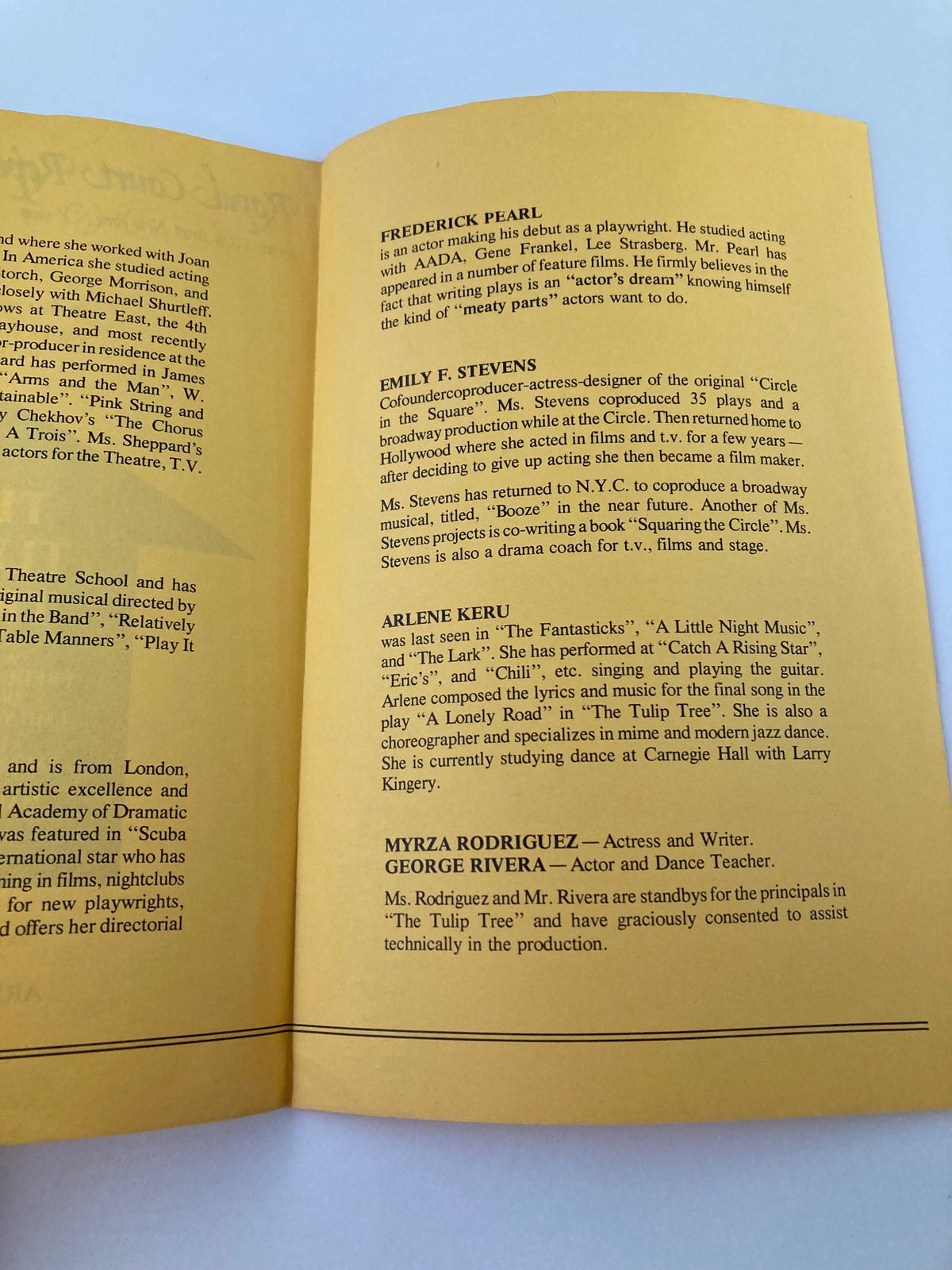 Inside page of the 1963 Royal Court Repertory playbill for 'The Tulip Tree' highlighting cast members including Frederick Pearl and Emily F. Stevens with brief biographies.