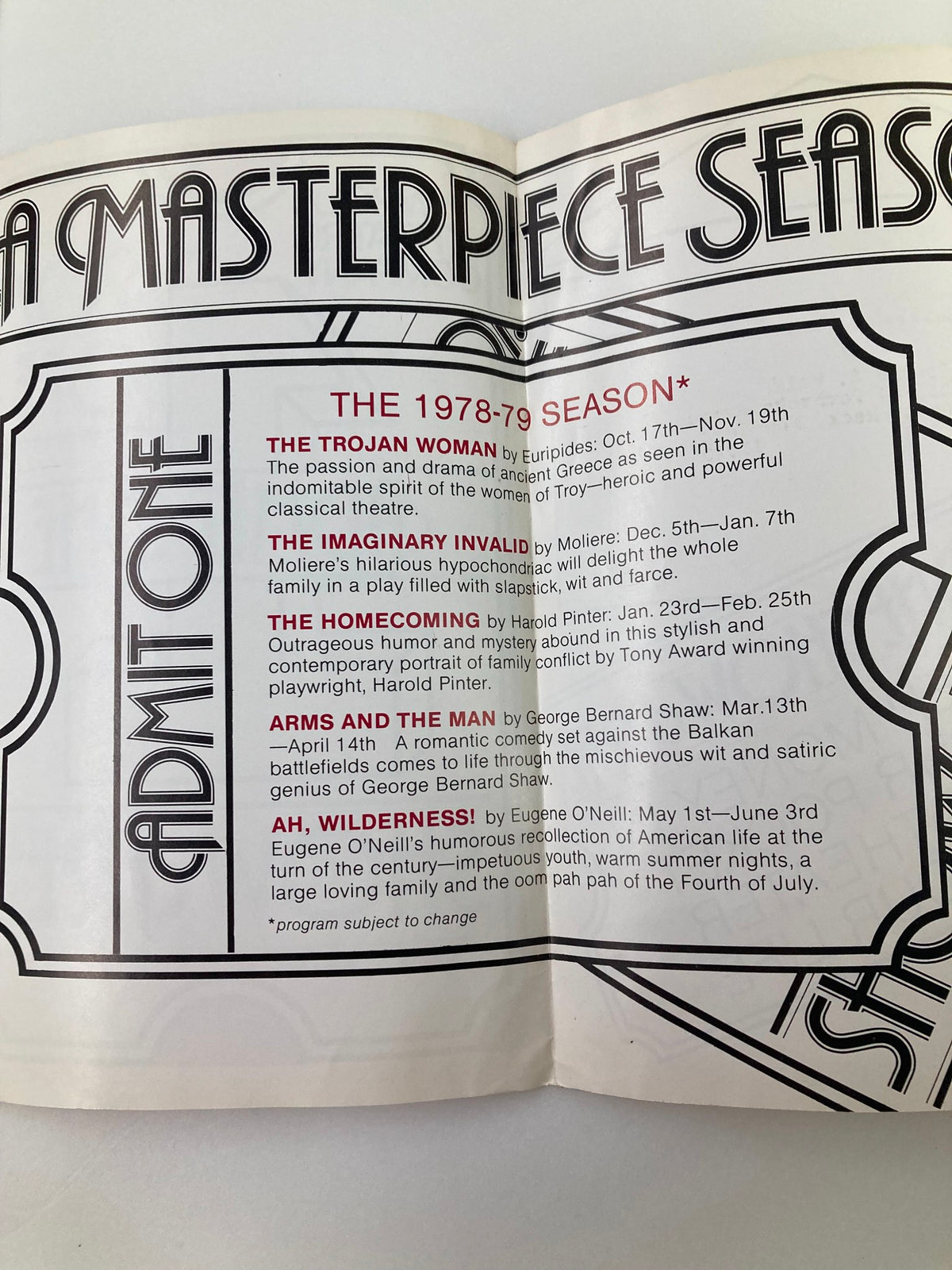 Inside view of a program for The Whole Theatre Company's 1978-1979 season, highlighting the performance of The Trojan Woman, with information about upcoming shows including The Imaginary Invalid and Ah, Wilderness!