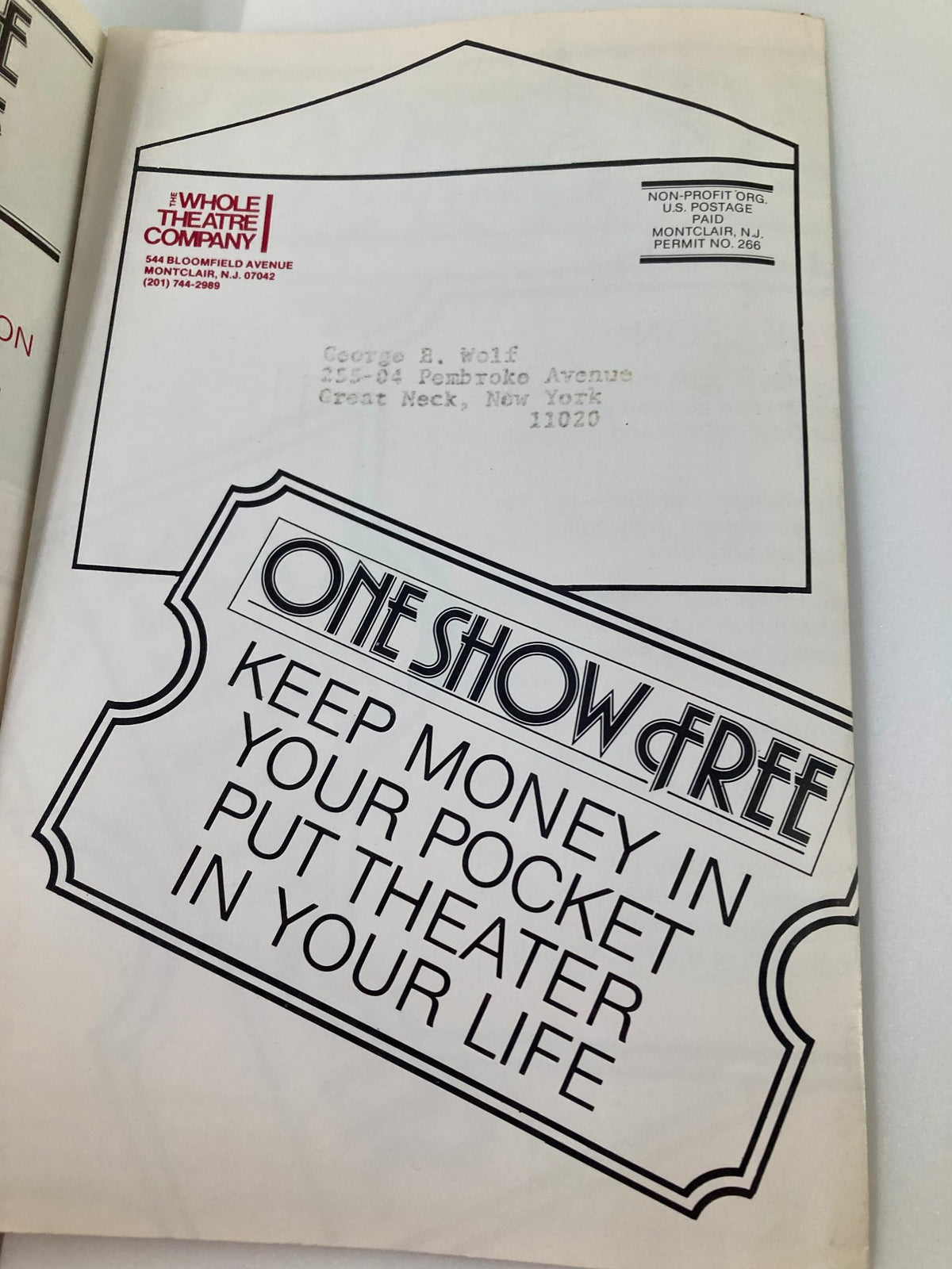 Back cover of a program for The Whole Theatre Company, advertising a free show with a design that encourages theater attendance, promoting the 1978-1979 season with The Trojan Woman and The Homecoming.