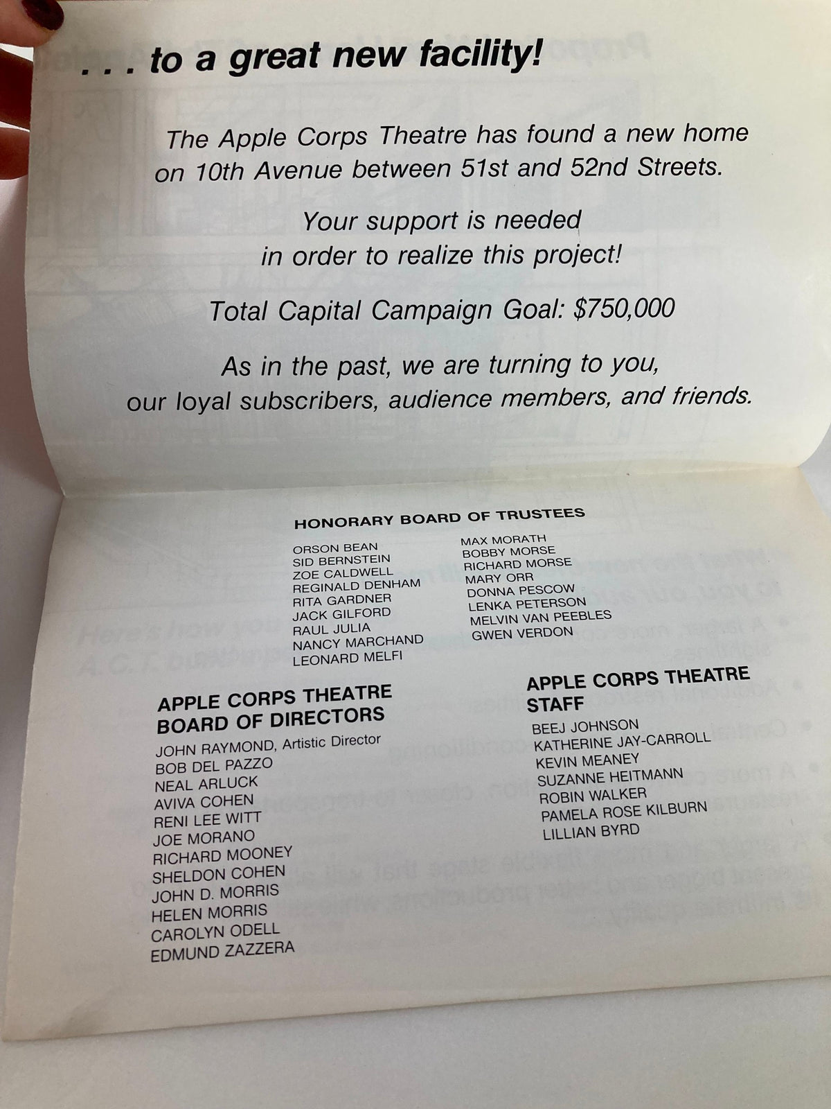 1983 Apple Corps Theatre Program David Karsten, Show Business in June Moon - Inside page announcing the new Apple Corps Theatre location and capital campaign support details.