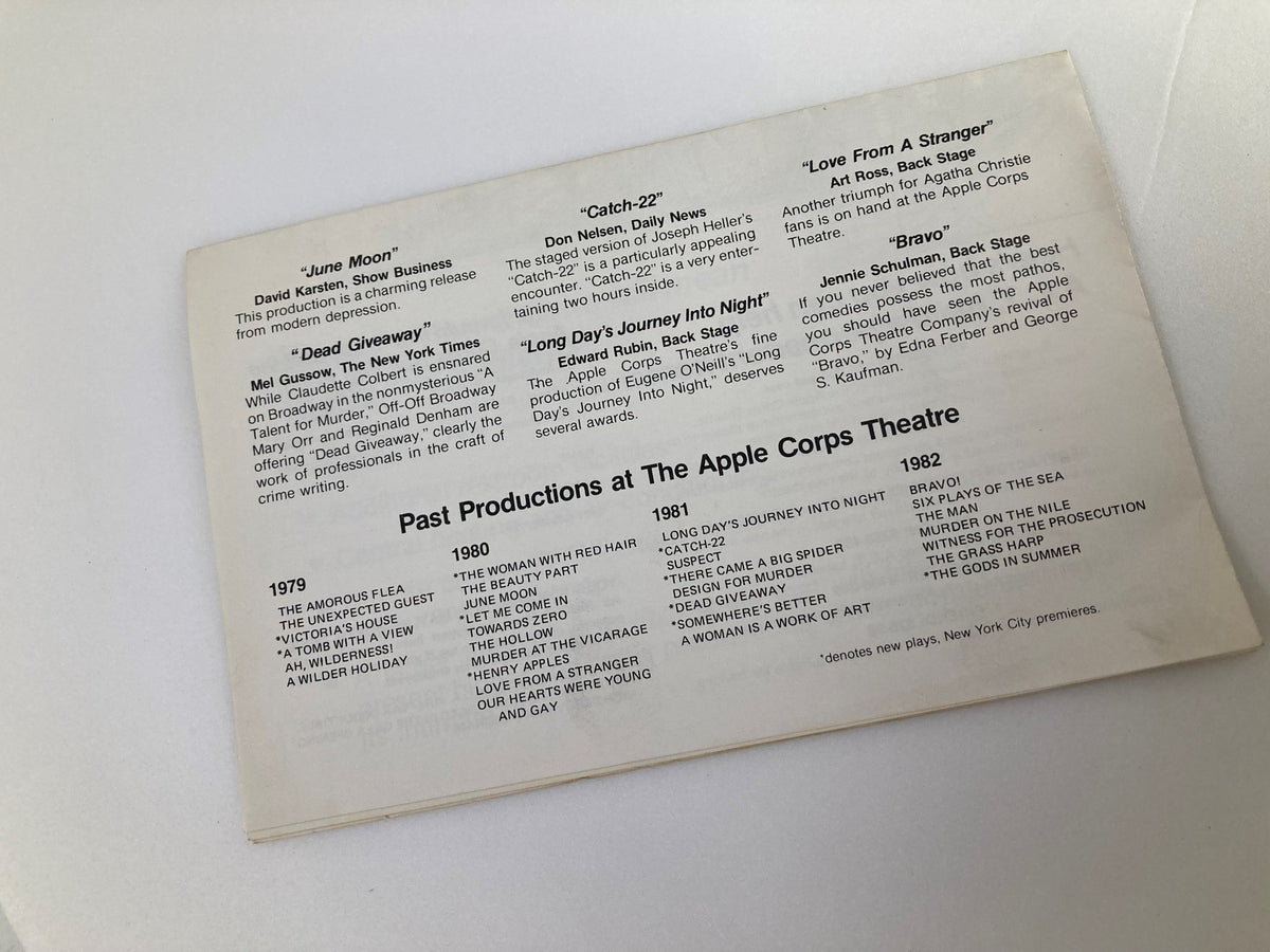 Back cover of the 1983 Apple Corps Theatre Program featuring past productions, including 'June Moon,' 'Catch-22,' and 'Long Day's Journey Into Night.' This program showcases David Karsten's show business contribution in June Moon.