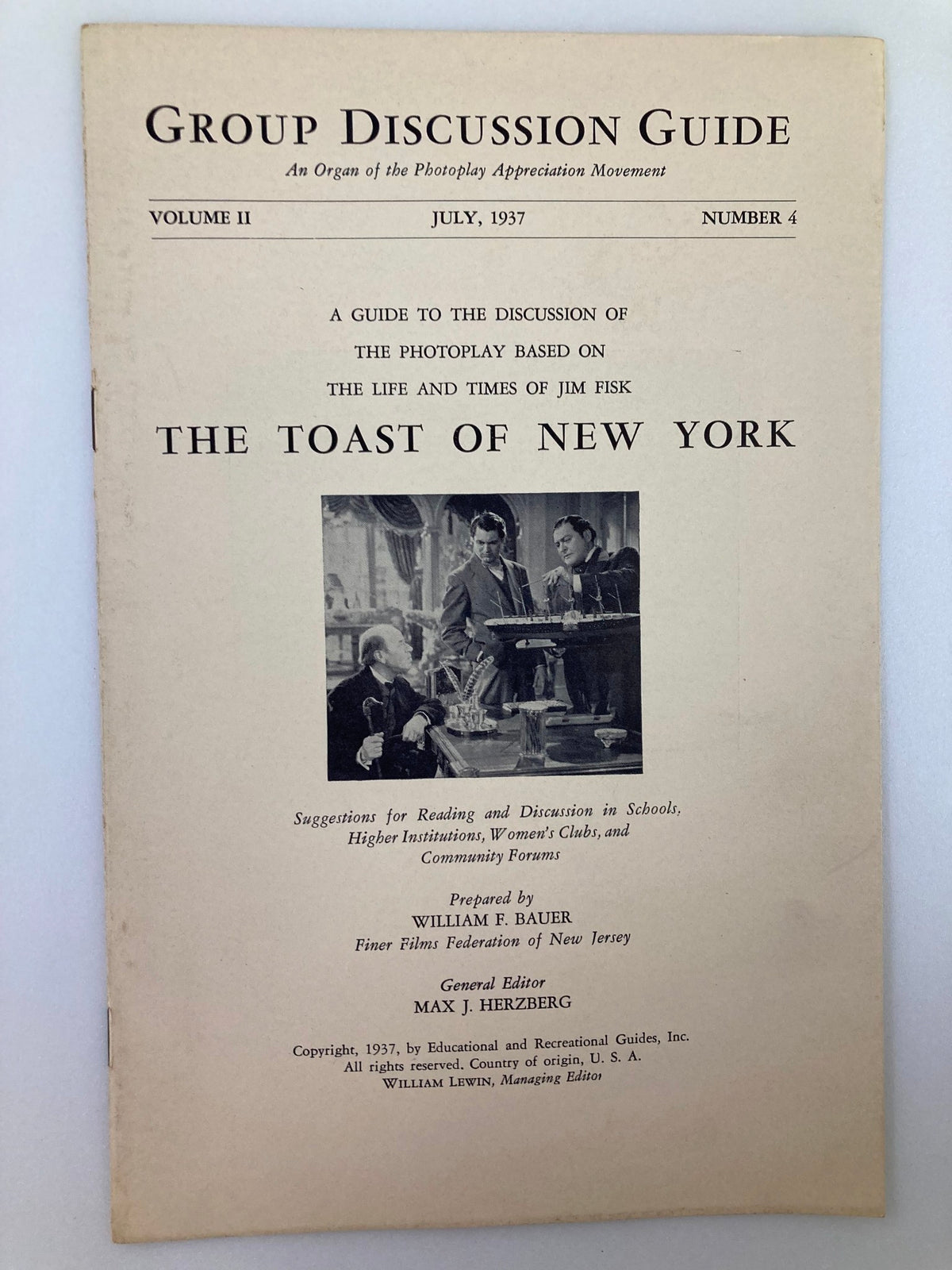 Front cover of the 1937 Group Discussion Guide Program Vol 2 #4 titled 'The Toast of New York', featuring vintage design and an illustration relevant to the theatrics of the late 1930s.