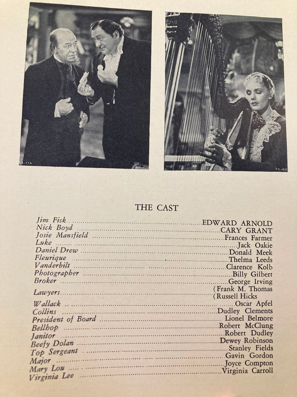 The cast list from 'The Toast of New York' featured in the 1937 Group Discussion Guide Program Vol 2 #4, showcasing key actors and their roles in the production.