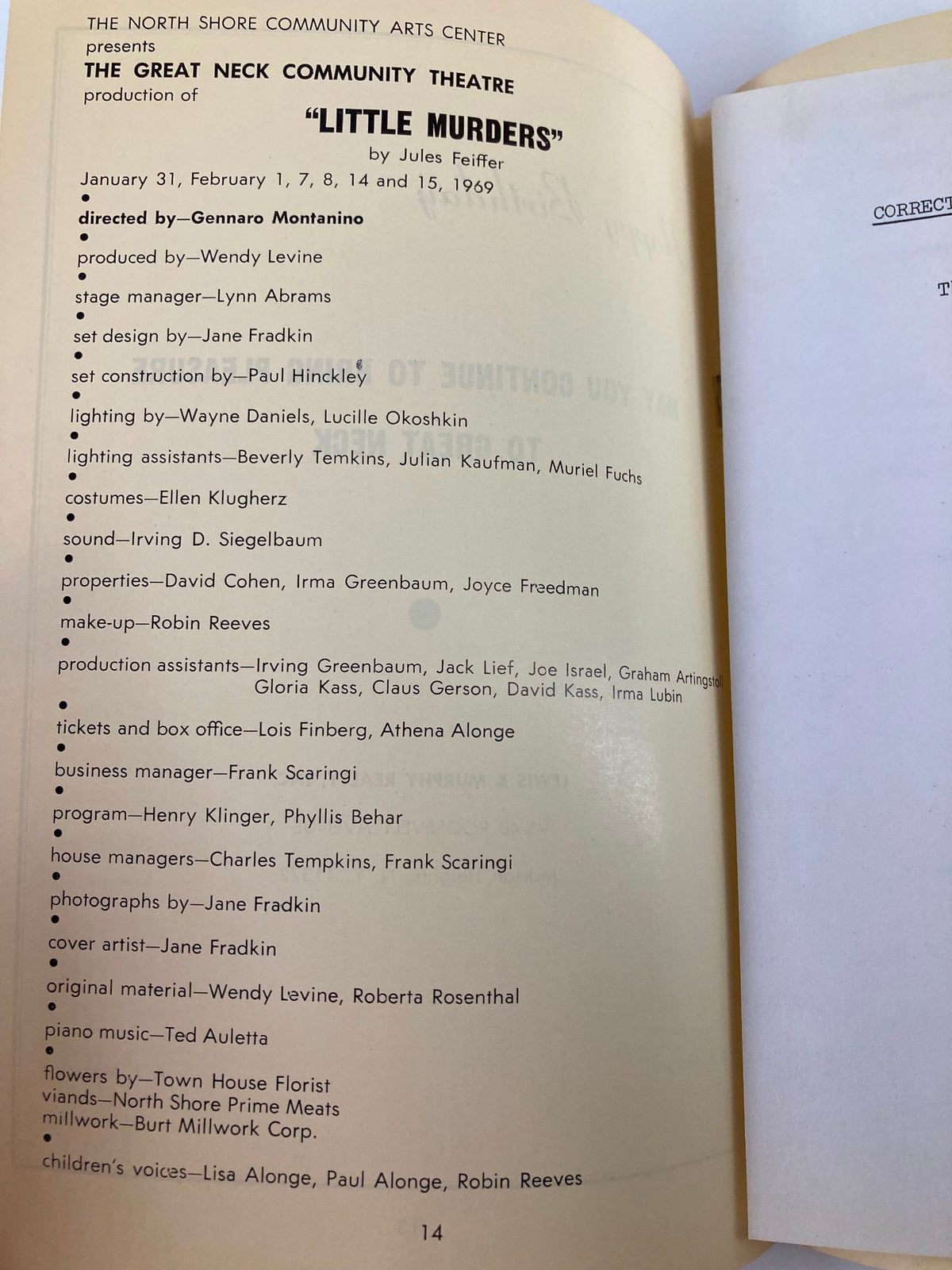 Inside page of the 1969 Great Neck Community Theatre Inc. Program for Little Murders listing the cast, crew, and production details.