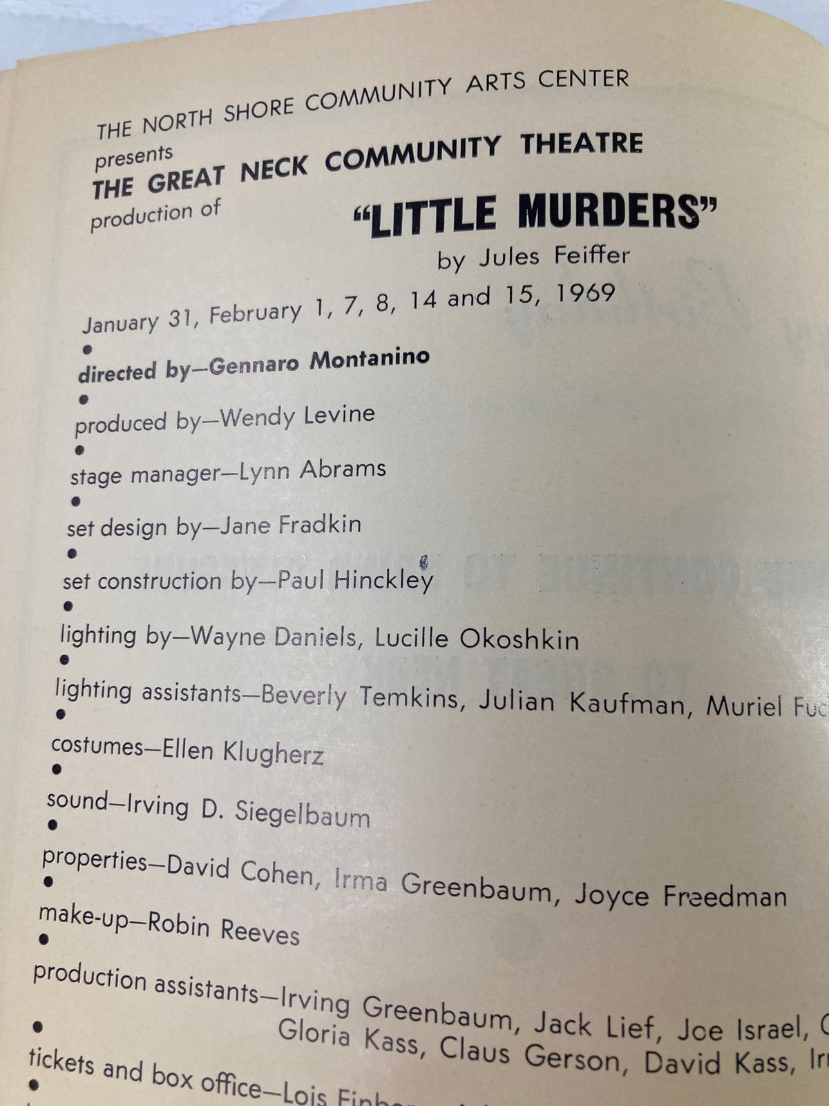 1969 Great Neck Community Theatre Inc. program cover featuring the production of 'Little Murders' by Jules Feiffer with cast and crew details, a nostalgic piece of theatrical history.