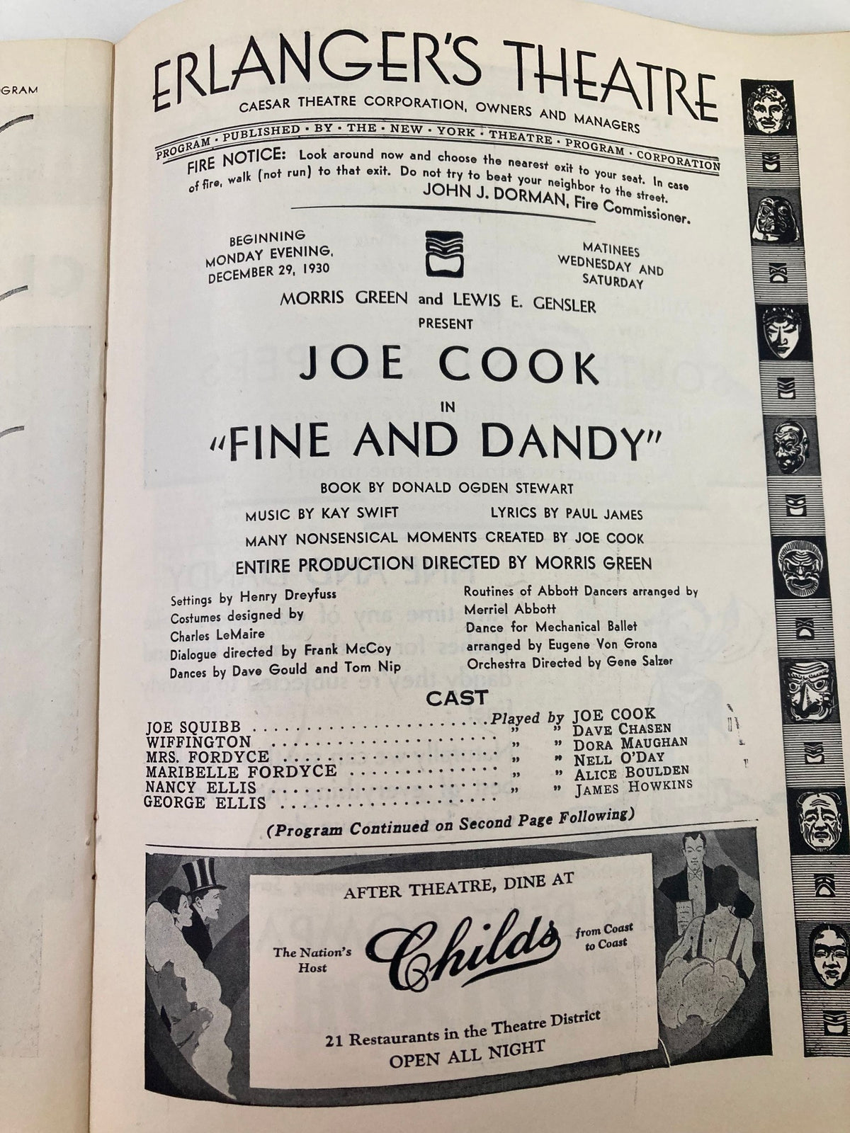 Inside page of the 1930 Erlanger's Theatre program featuring Joe Cook in 'Fine and Dandy.' Lists cast and production details.