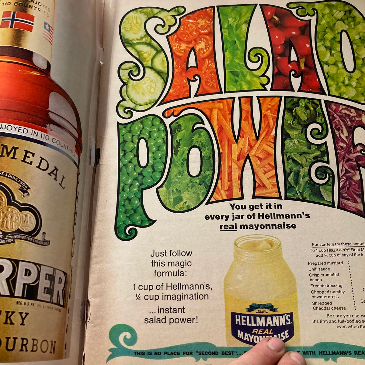 Vintage Ebony Magazine July 1968 featuring an advertisement for Hellmann's Real Mayonnaise with colorful 'Salad Power' lettering.