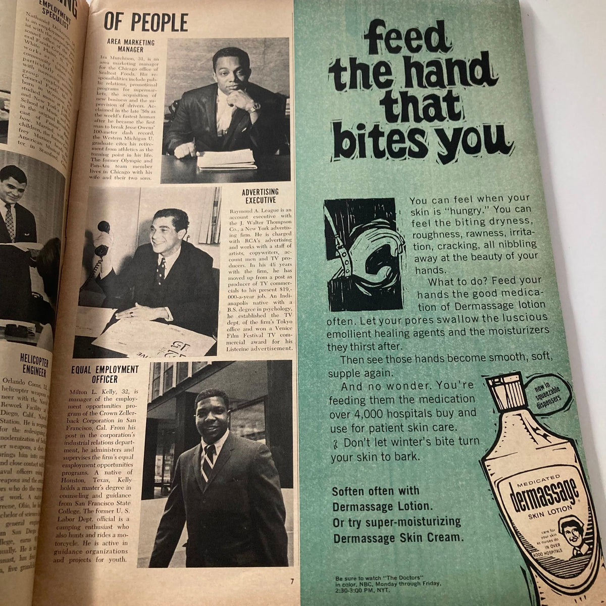 Page from VTG Ebony Magazine July 1968 featuring profiles of an area marketing manager and an advertising executive, highlighting social issues. Issue title: VTG Ebony Magazine July 1968 Vol 23 No. 9 Lena Horne at 51 & The Ghetto.