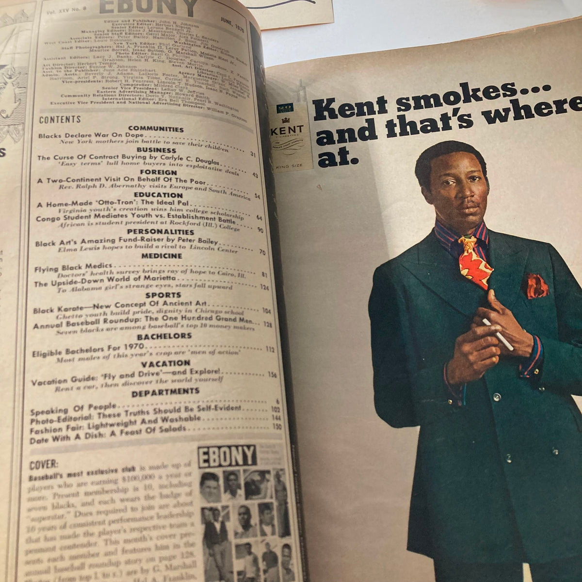 Page from VTG Ebony Magazine June 1970 showcasing contents and an advertisement featuring a stylish man in a suit, reflecting the cultural style of the era.