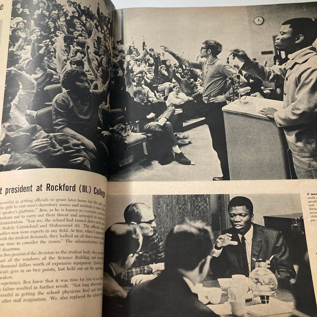 Dynamic scene from VTG Ebony Magazine June 1970 illustrating a student assembly at Rockford College, with students engaged in discussions about educational reforms and activism.