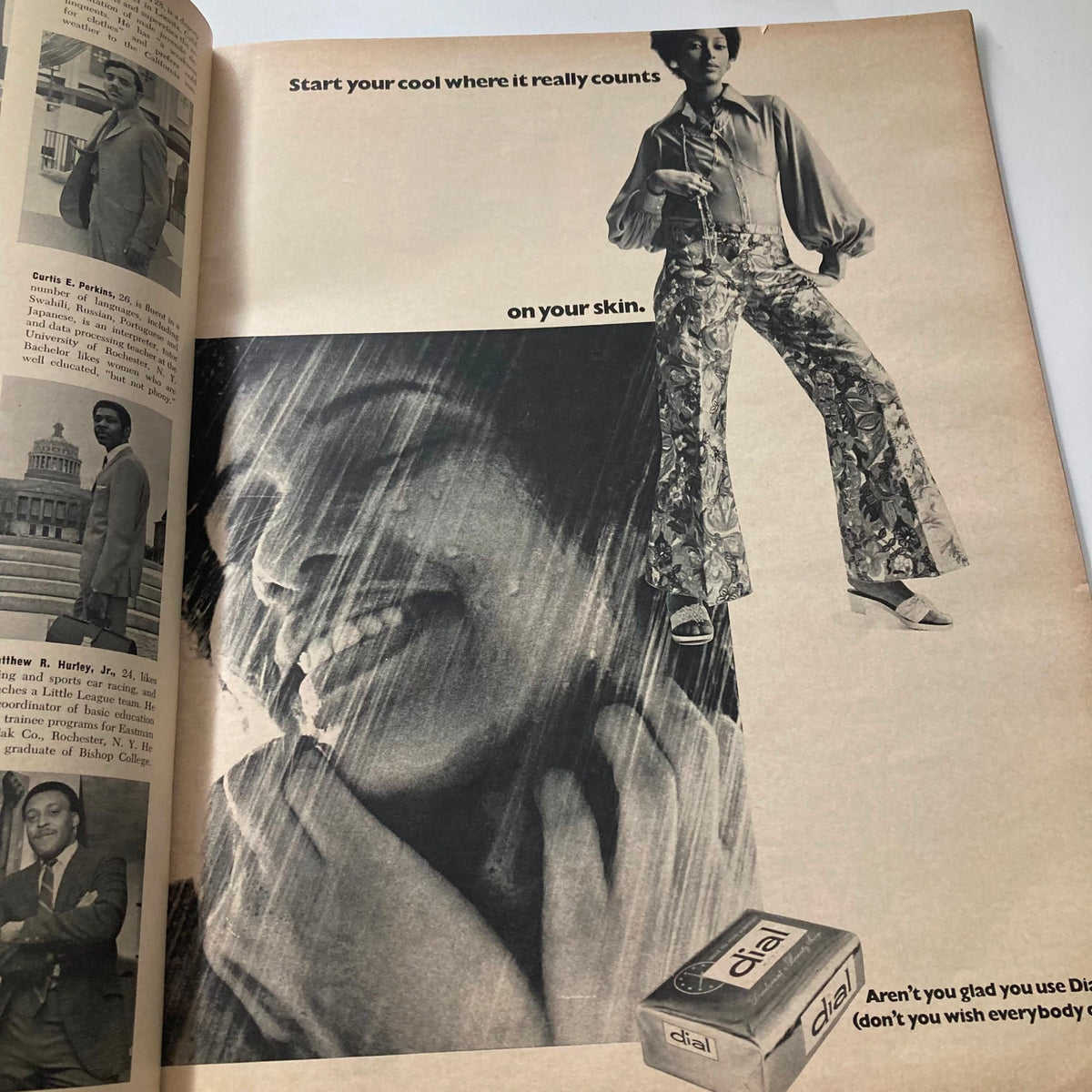 Fashion advertisement in VTG Ebony Magazine June 1970 presenting a stylish model showcasing contemporary attire, emphasizing trends in the 1970s.