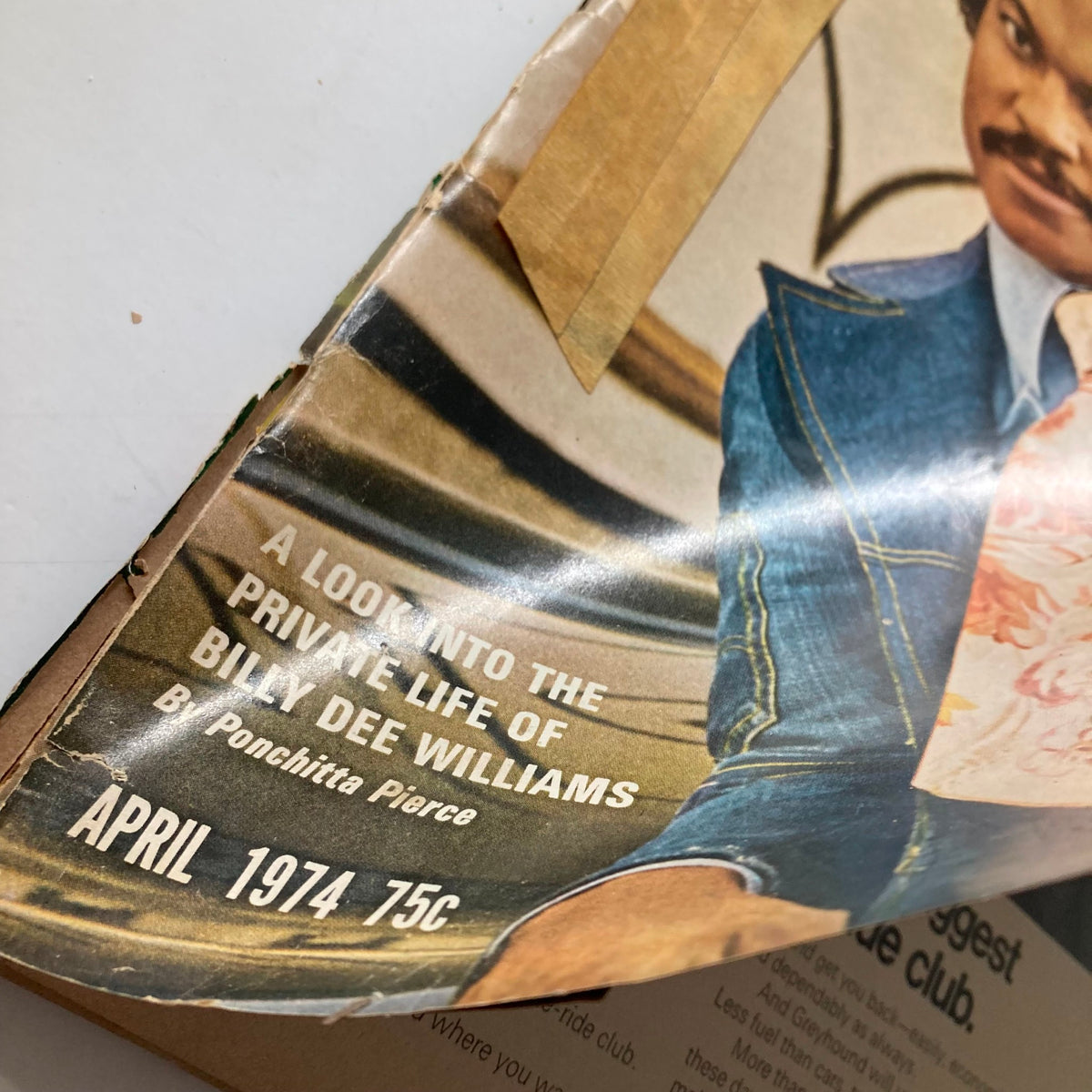 Close-up view of the April 1974 issue cover of Ebony Magazine featuring Billy Dee Williams, highlighting the article 'A Look into the Private Life of Billy Dee Williams'.